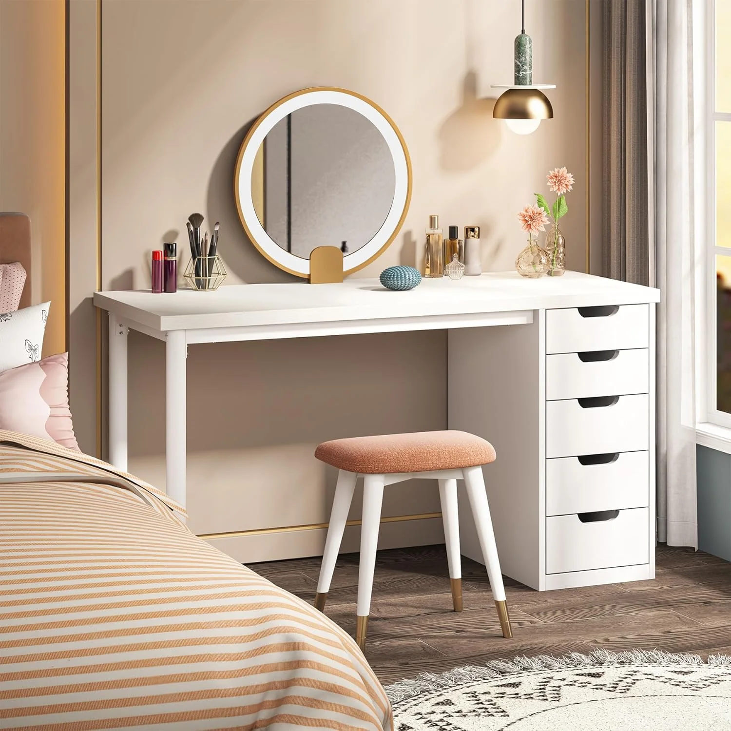 47 inches Vanity Desk with 5 Drawers, Rustic Makeup Dressing Table with Storage, Modern Simple Computer Desk for Women, Girls (Brown)(Brown) - Image 10