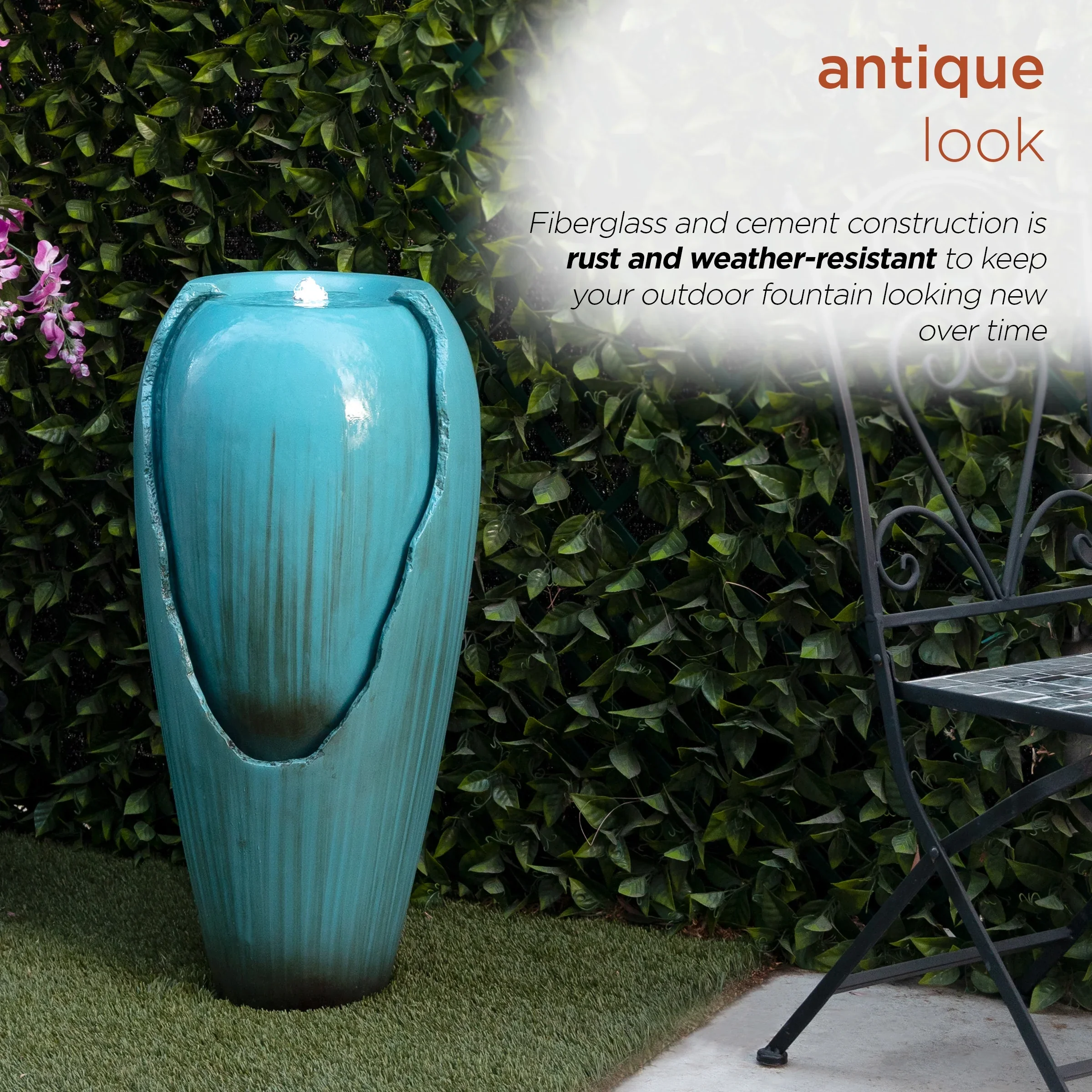 Alpine Corporation - 33 Tall Outdoor Antique Jar Water Fountain with LED Lights, Vintage Light Waterfall �?Relaxing Garden Fountain for Patio, Deck, or Yard (Turquoise)