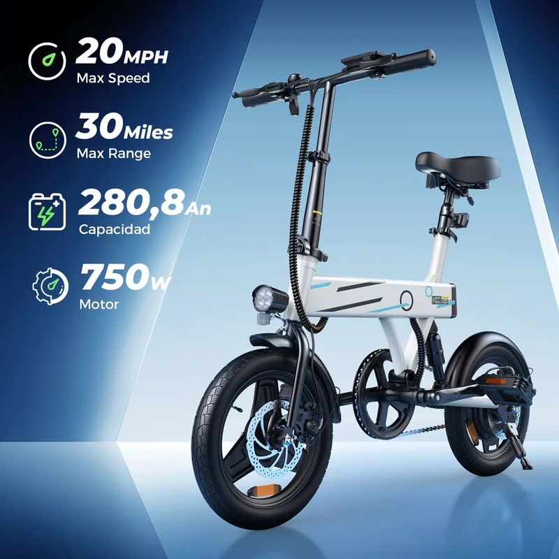 750W Peak Folding Electric Bike for Adult Teens, 20MPH 36V/7.8AH, 14