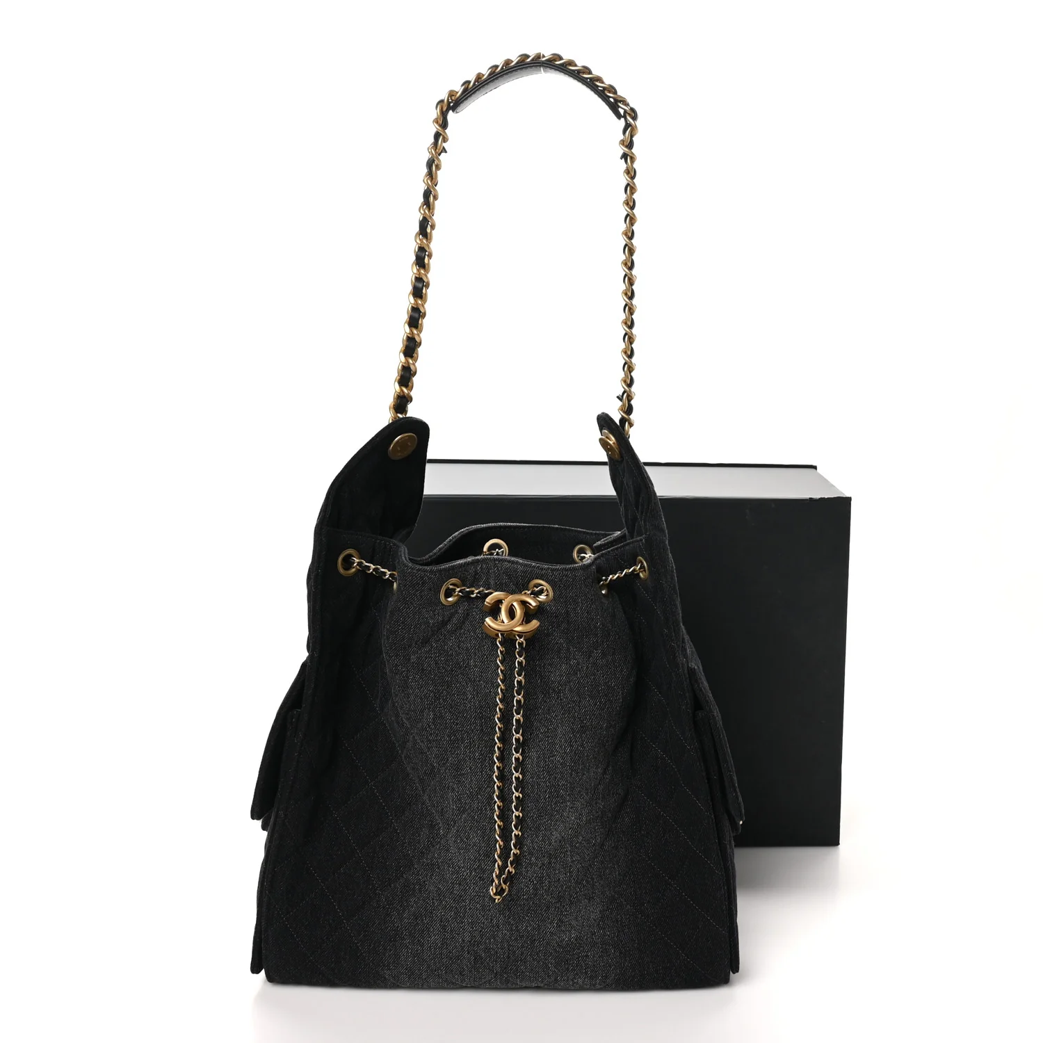 Washed Denim Quilted Medium Chanel 25 Handbag Black