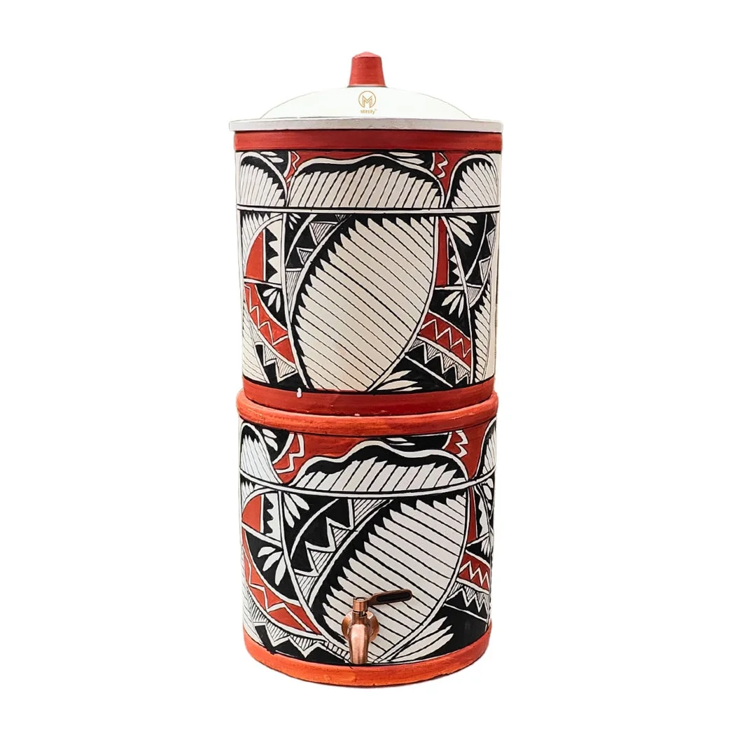 Mittify Handmade Clay Water Filter with Lid & Metal Tap | Earthen Harp Design Water Filter | Eco - Friendly Clay Filter (676 oz/20 L)