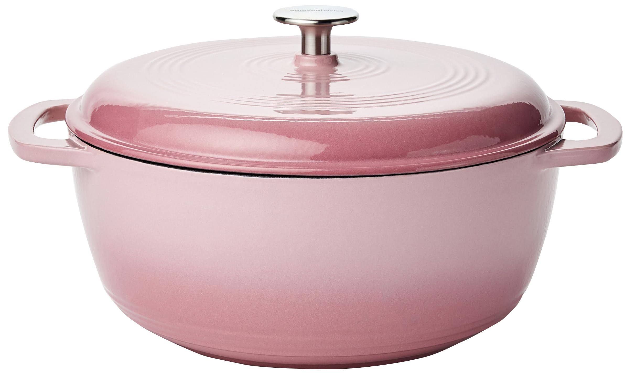Amazon Basics Enameled Cast Iron Covered Round Dutch Oven, 6 Quart, Light Pink