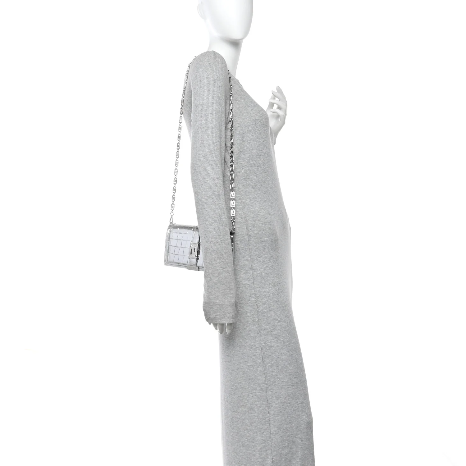 Metallic Crocodile Embossed Calfskin Greca Goddess Wallet On Chain Silver
