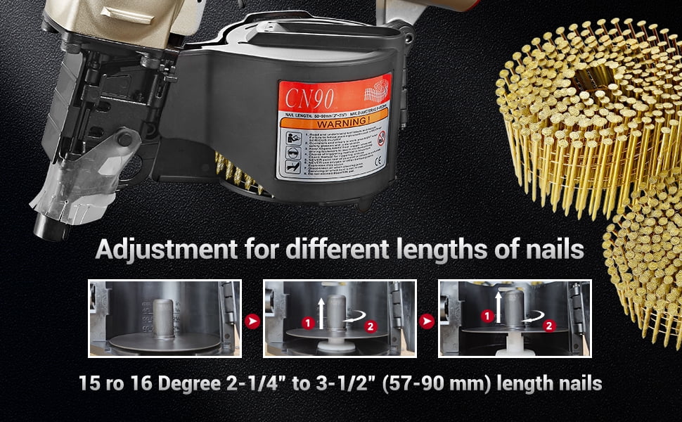 MEITE CN90  Industrial Coil Siding Nailer 15 Degree 2-1/4 to 3-1/2 Pneumatic Coil Nail Gun with Aluminum Housing