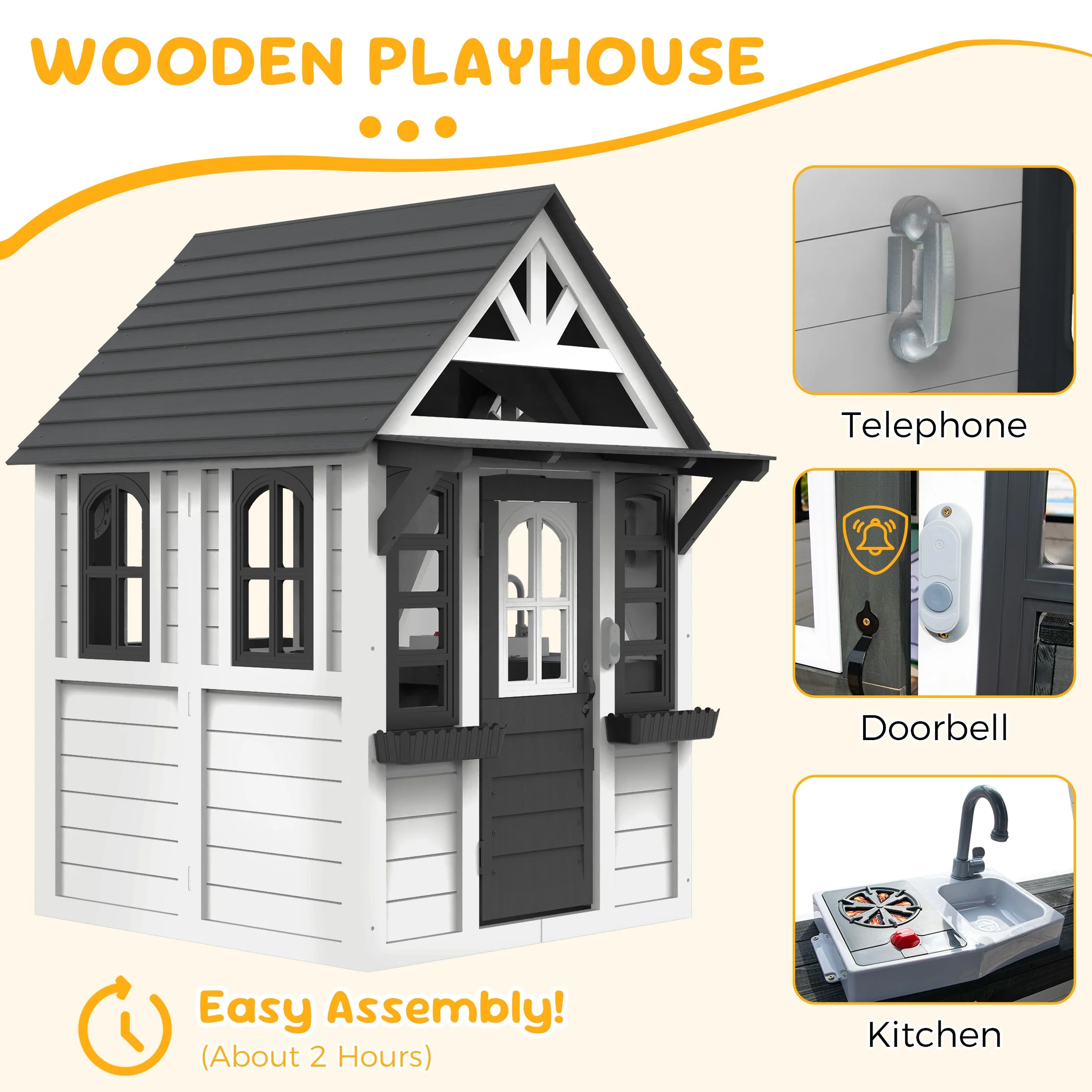 Outdoor Playhouse for Kids Ages 4-8, Wooden Play House with Doorbell, Phone, Kitchen Toys, Outdoor Kids Play Equipment, Casa Para Niñas (45”L x 65”H), White Black(Black+White) - Image 4