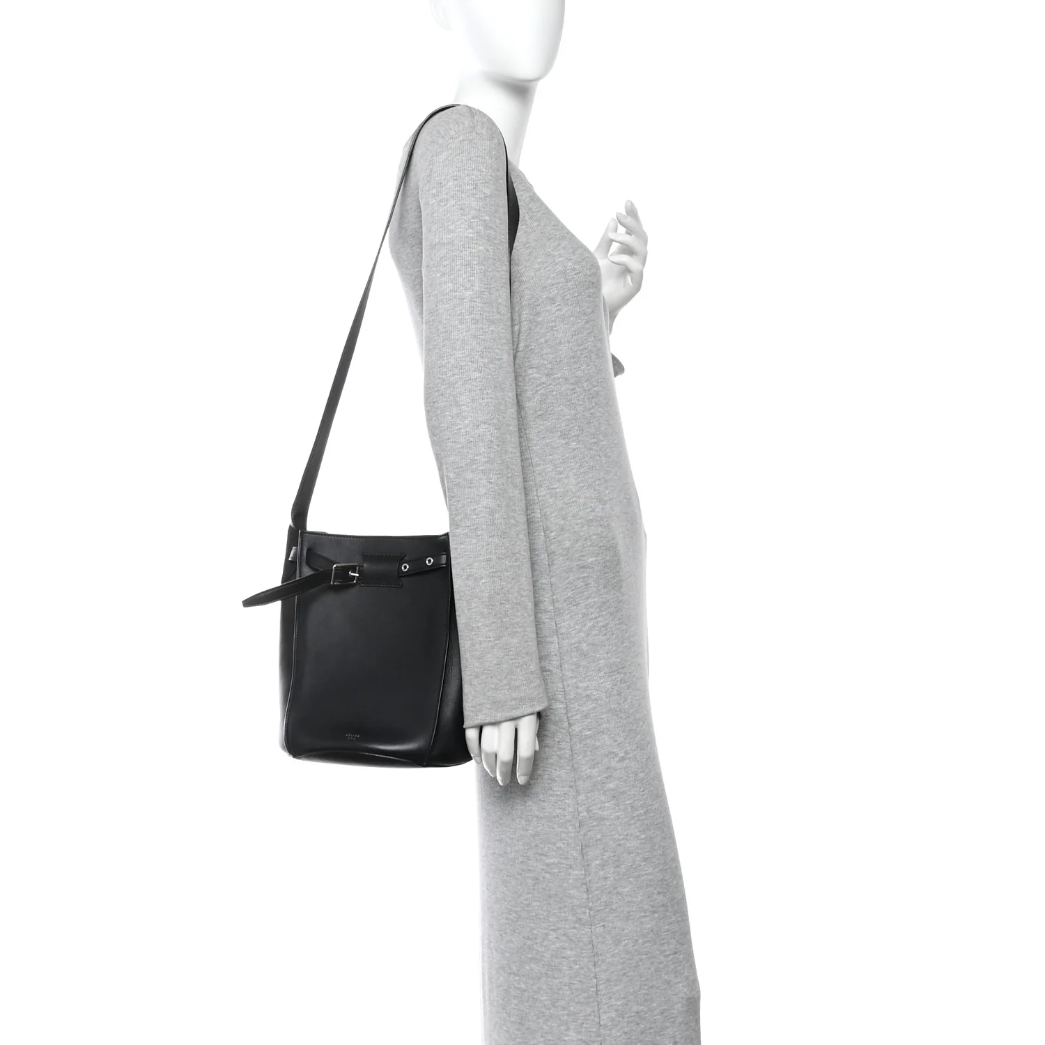 Supple Grained Calfskin Long Strap Big Bag Bucket Black