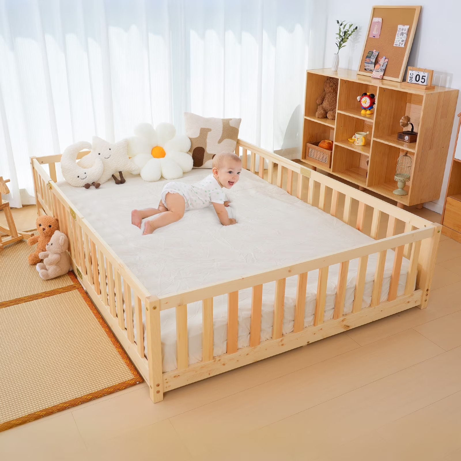 Twin Size Toddler Floor Bed, Solid Wood Montessori Bed Frame with Fence Door Montessori Floor Bed Crib with Safety Guardrails for Girls and Boys(White Twin) - Image 5