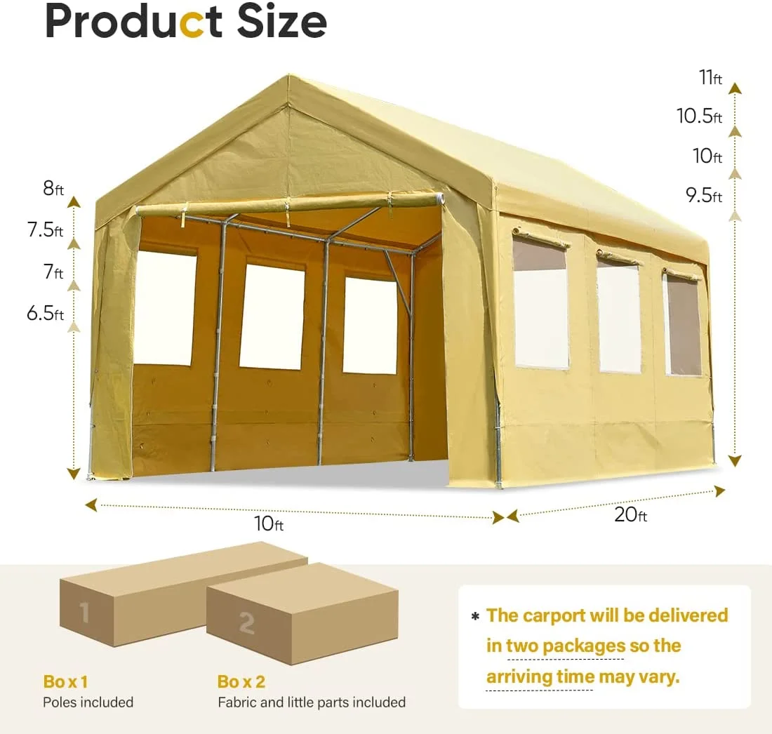 ADVANCE OUTDOOR 10x20 Ft Heavy Duty Carport with Roll - up Ventilated Windows & Removable Sidewalls Car Canopy Garage Boat Shelter Party Tent, Adjustable Height from 9.5ft to 11ft, Beige Yellow