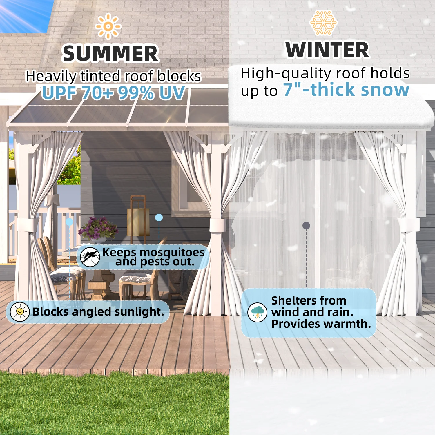 AECOJOY 14'x12' Wall Gazebo with Curtains and Mosquito Netting, White