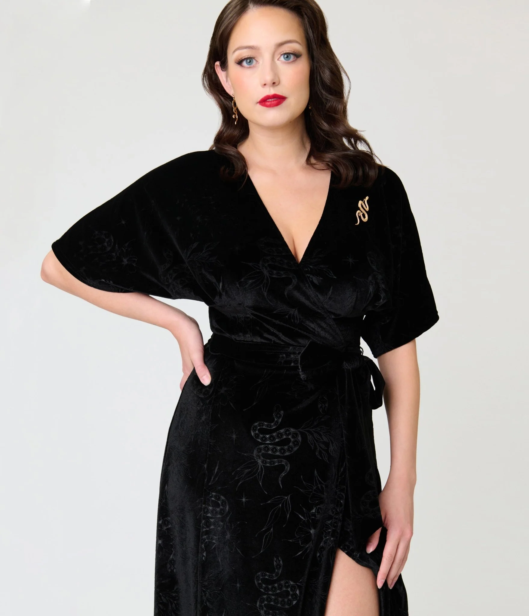 Unique Vintage Black Velvet Snake Embossed Wrap Angelique Midi Dress