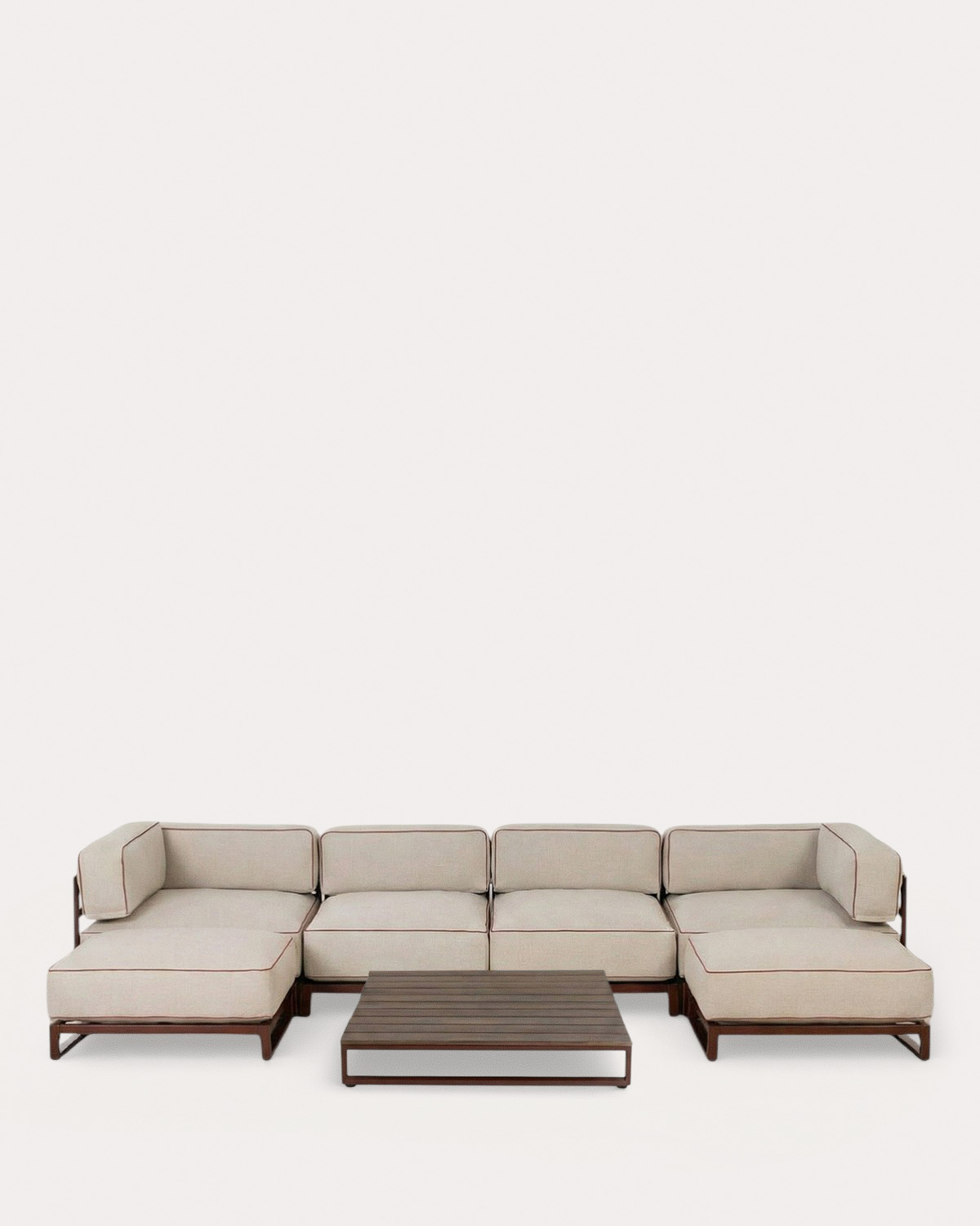 Kristen - Conjunto de Jardín con 2 Módulo Esquinero, 2 Módulo Central, 2 Módulo Puff y Mesa de Centro de Metal y Tela Kristen
