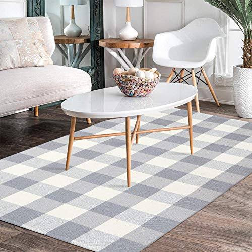 EARTHALL Buffalo Plaid Outdoor Rug Grey 3 x 5, Cotton Hand-Woven Checkered Door Mat, Reversible Foldable Washable Gray Outdoor R