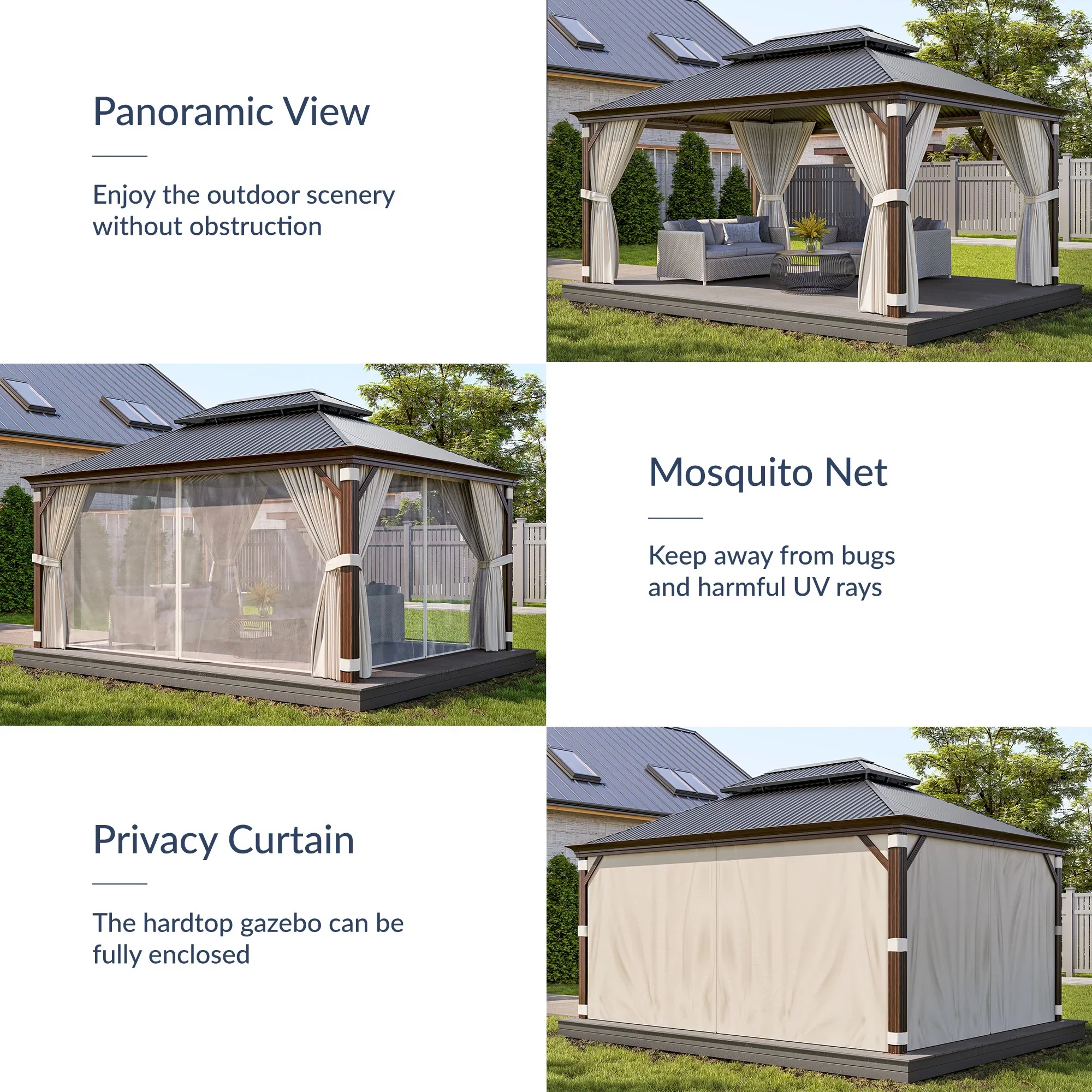 BELLEZE 12 x 16ft Hardtop Gazebo, Widen Pole Outdoor Canopy, Aluminium Frame Galvanized Steel Double Roof Waterproof Gazebo Tent with Nettings and Curtains for Patio, Backyard, Deck, Lawns, Garden