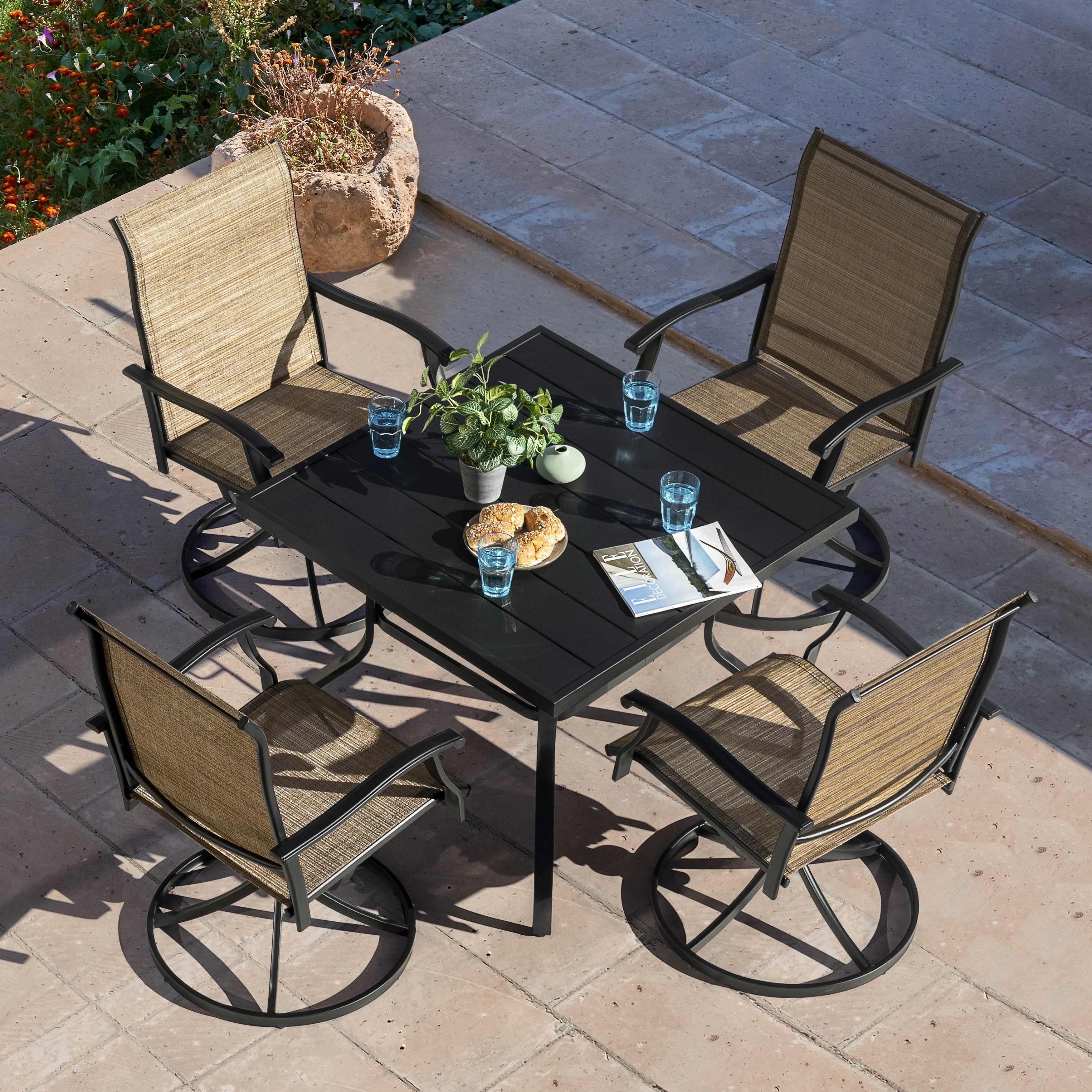 5 Piece Outdoor Patio Dining Set, Metal Patio Furniture Set 4 Textilene Swivel Chairs and 37" Square Iron Umbrella Dining Table,Black and Brown(4 Seats-37" Square Table) - Image 4