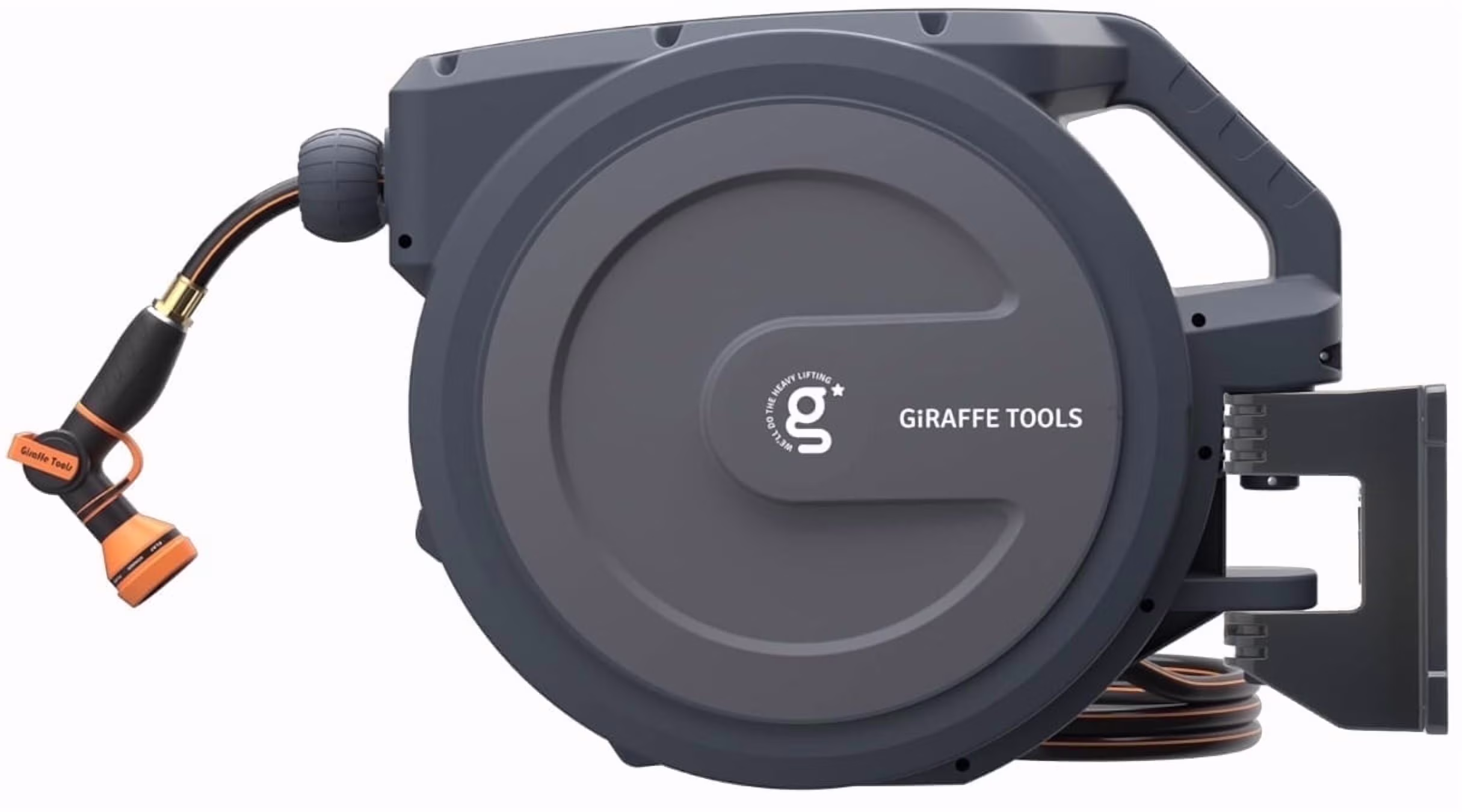 Giraffe Tools Retractable Garden Hose Reel with 1/2in-78ft Hose, Metal Bracket, Wall Mounted, Dark Grey