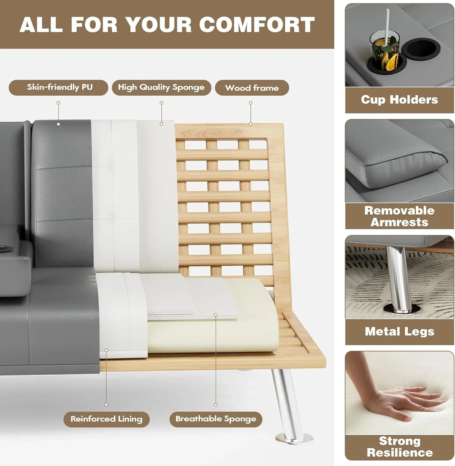 Canapé-lit futon Homall en cuir avec accoudoirs et fauteuil inclinable réglable