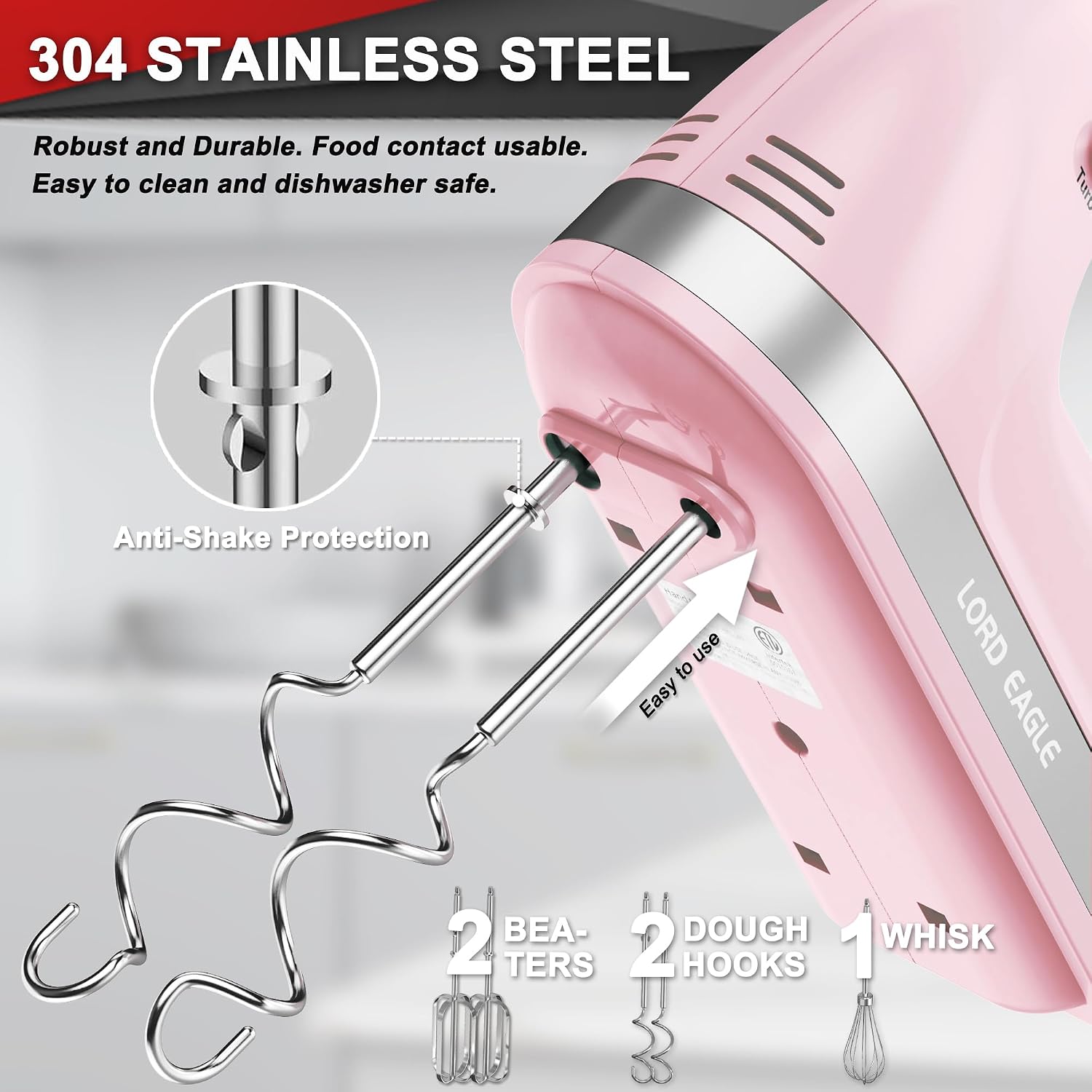 Lord Eagle Hand Mixer Electric Handheld 400W, 5-Speed, Lightweight, Pink