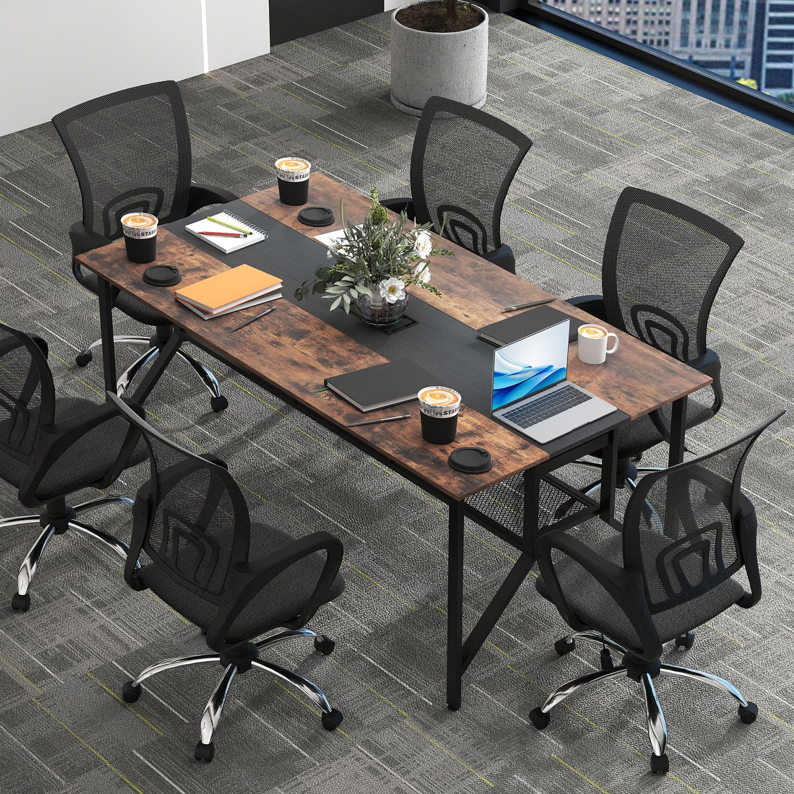 Tangkula  Rectangular Meeting Table with Mesh Storage Shelf & Cable Grommet for 6-8 People