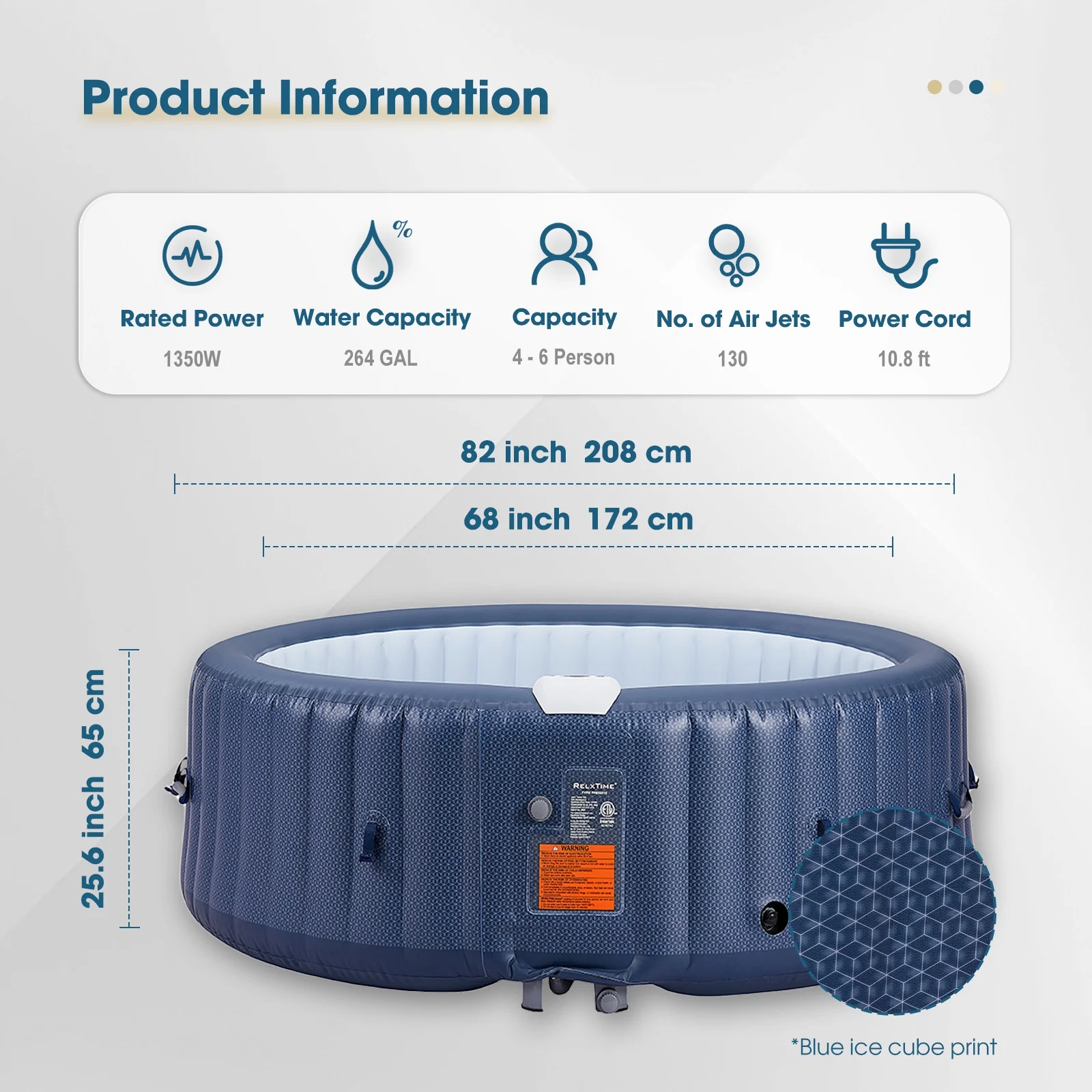 4-6 Person Inflatable Hot Tub Pool Round Portable Outdoor Spa with 130 Massage Jets, Blue(Standard/Blue) - Image 2