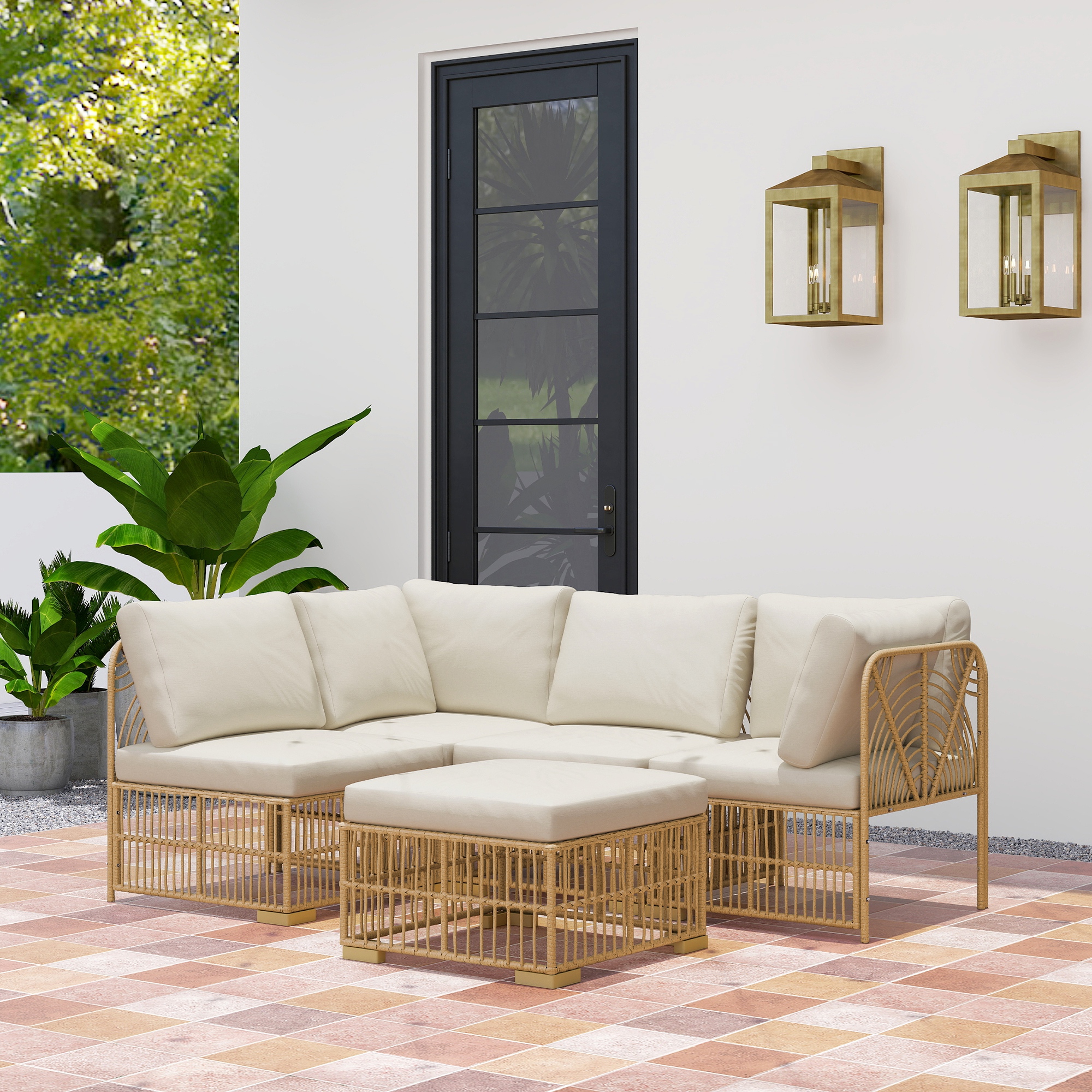 Outsunny 5-delige Tuinmeubelset, 2 Hoekstoelen, 2 Middelstoelen, Voetenbank, Zitkussens, Rugkussens, Lichtbruin+Cremewit