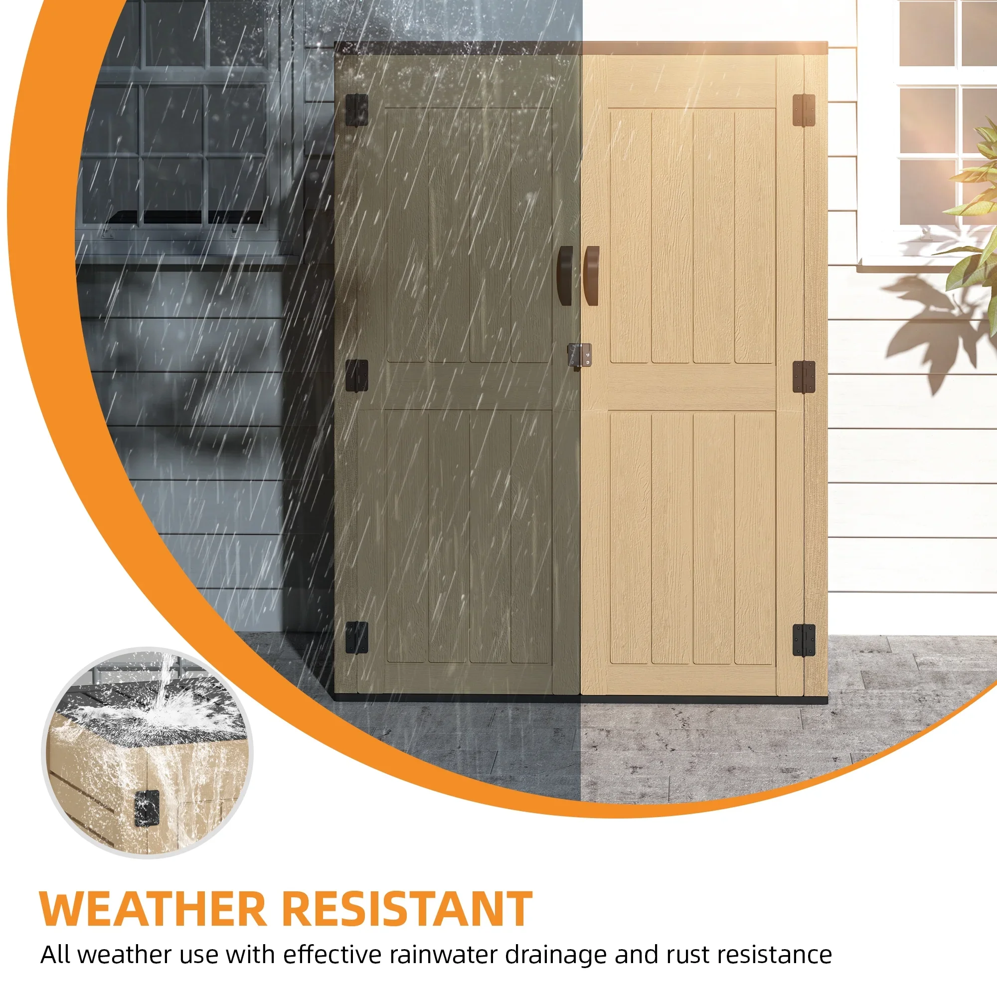 Uforic Outdoor Storage Shed, Vertical Lockable Tool Storage Resin Shed for Garden, Garage, Patio, No Shelves Included, Brown