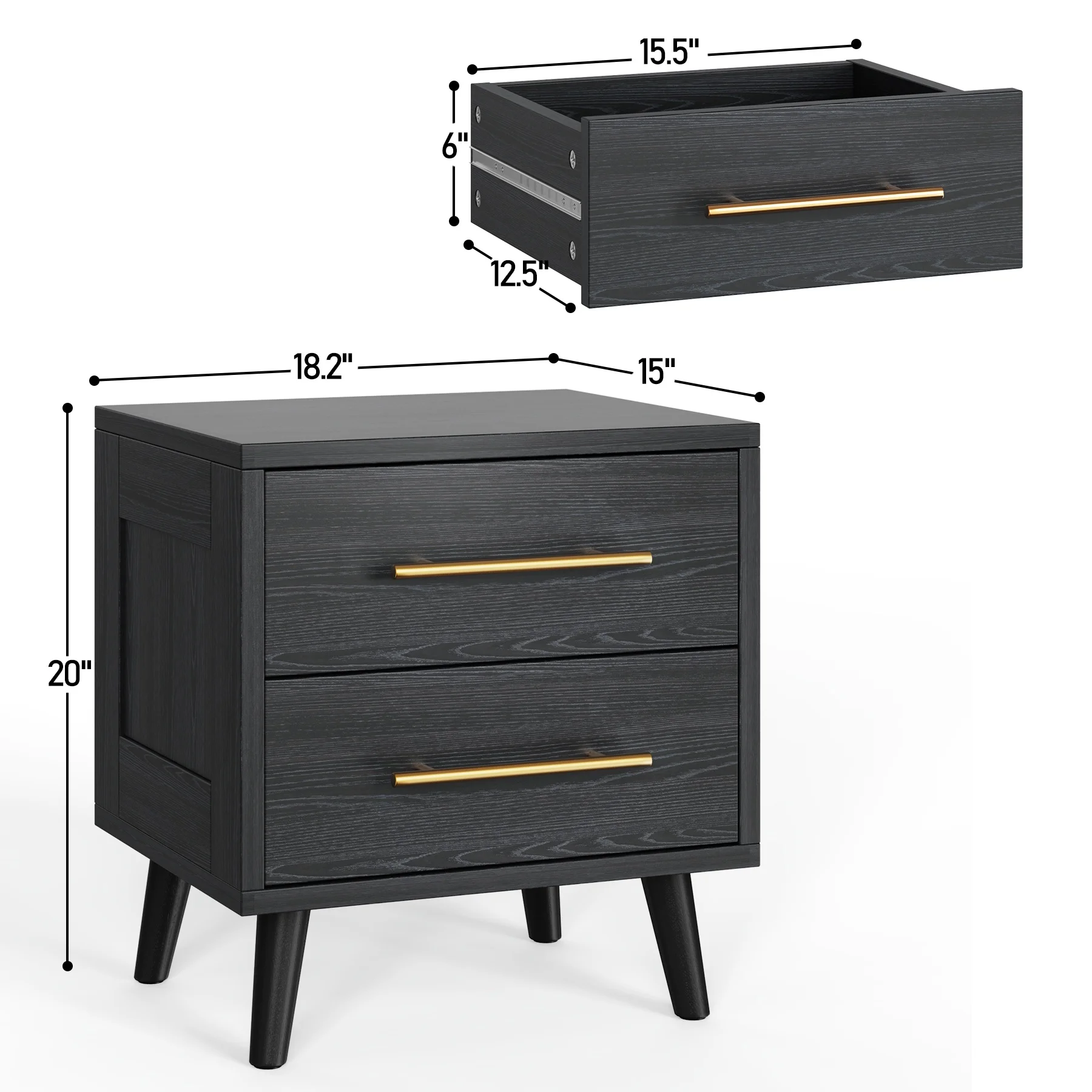 3 Piece Bedroom Furniture Set, 6 Drawer Dresser with 2 Nightstands, Modern Wood Storage Organizer with Metal Handles for Bedroom, Living Room,Black(Black) - Image 5