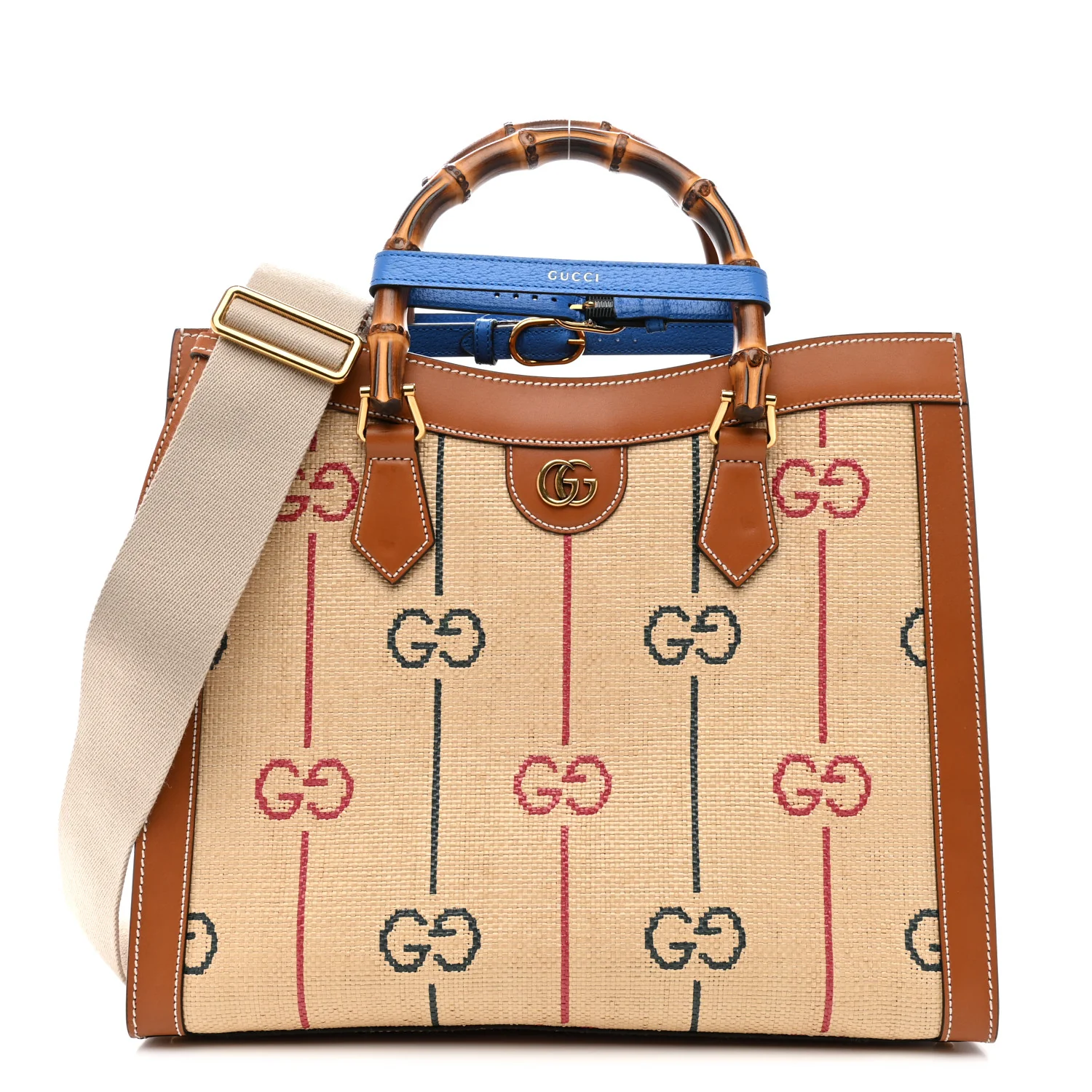 Raffia Monogram GG Jacquard Medium Diana Tote Bag Natural Red Green Modern Blue