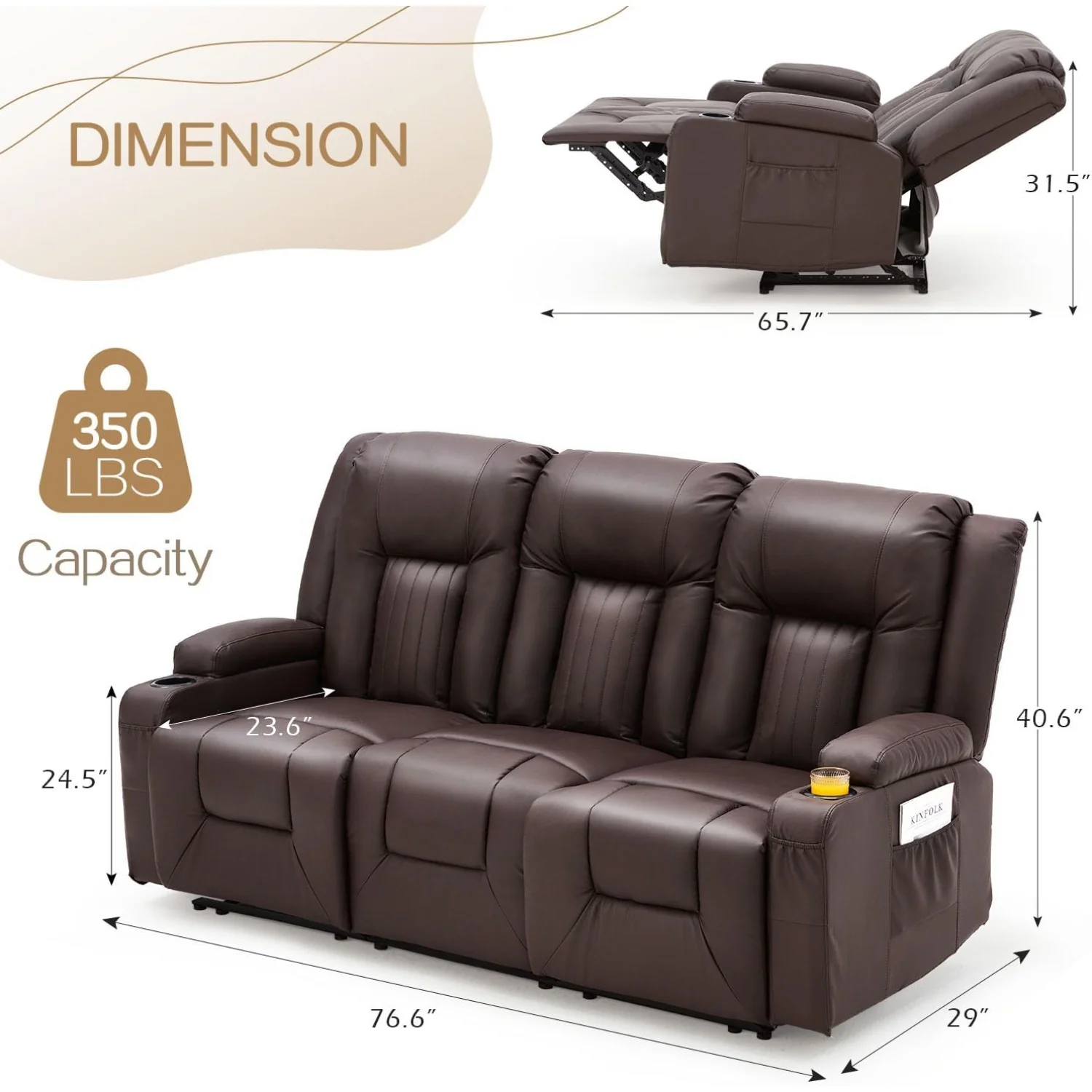 AECOJOY 3 Seater Reclining Sofa with 2 Cup Holders&Side Pockets, Brown