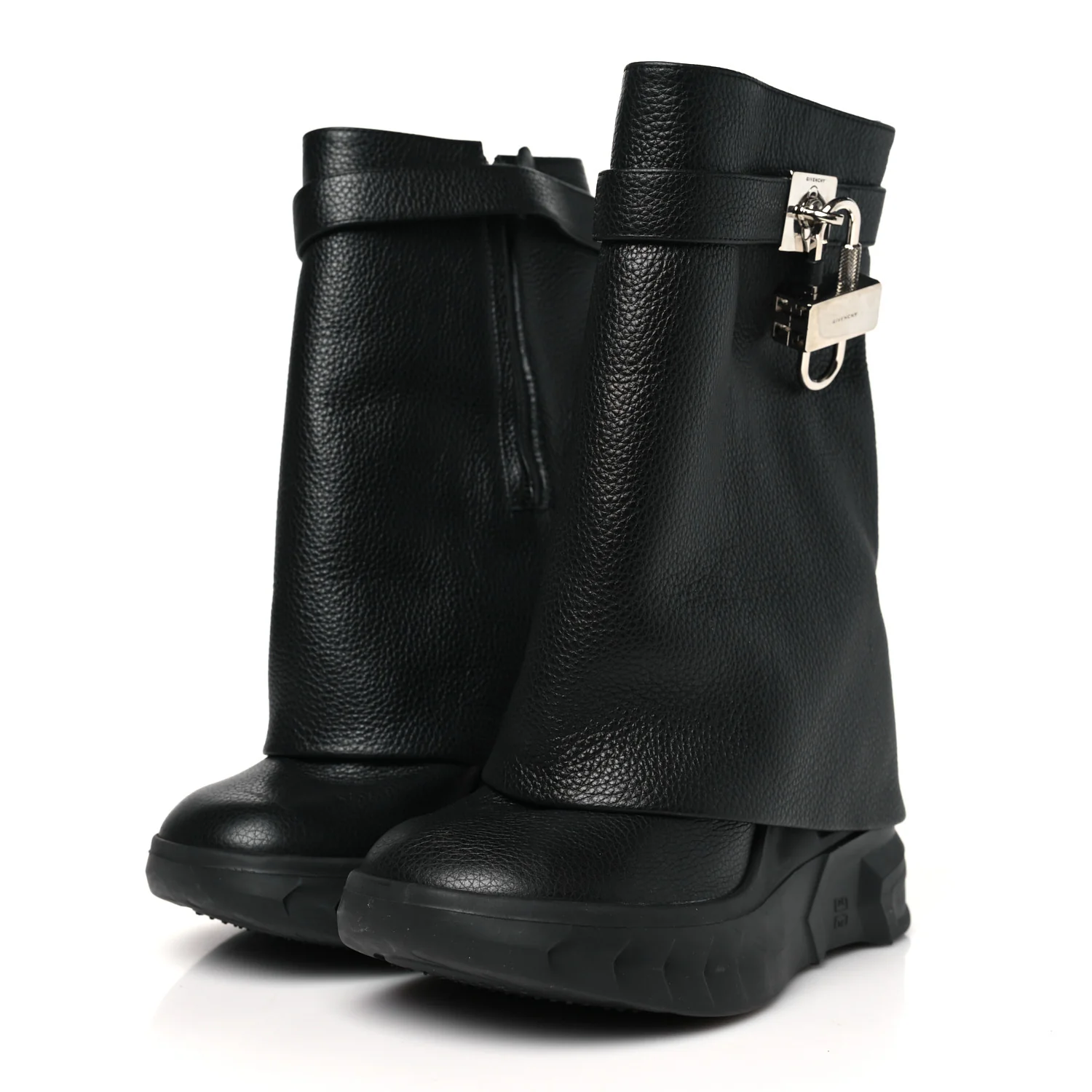Grained Calfskin Shark Lock Biker Ankle Boots 36 Black