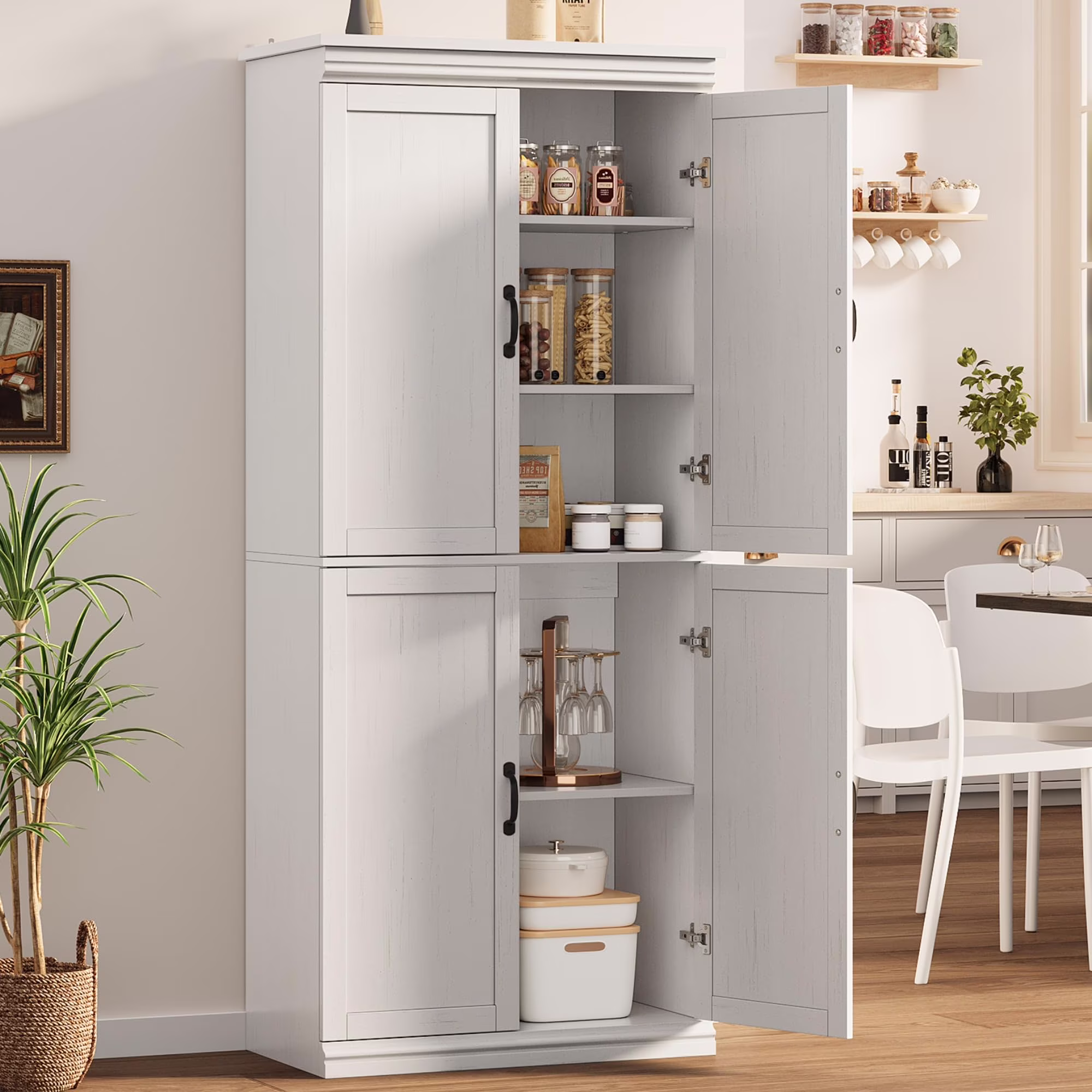 Pantry Cabinet, Freestanding Kitchen Pantry Storage Cabinet,70" Cupboard, Tall Storage Cabinet with Doors and Adjustable Shelves, for Bathroom, Dining Room, Living Room, Antique White/Gray(Antique White)