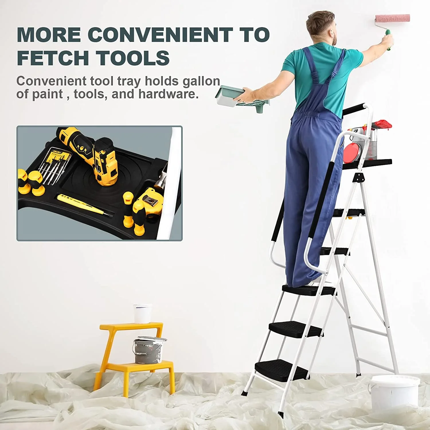 Folding 5-Step Ladder, 330lbs, with Handrails and Tool Tray and Anti-Slip Pedal, White - Image 3