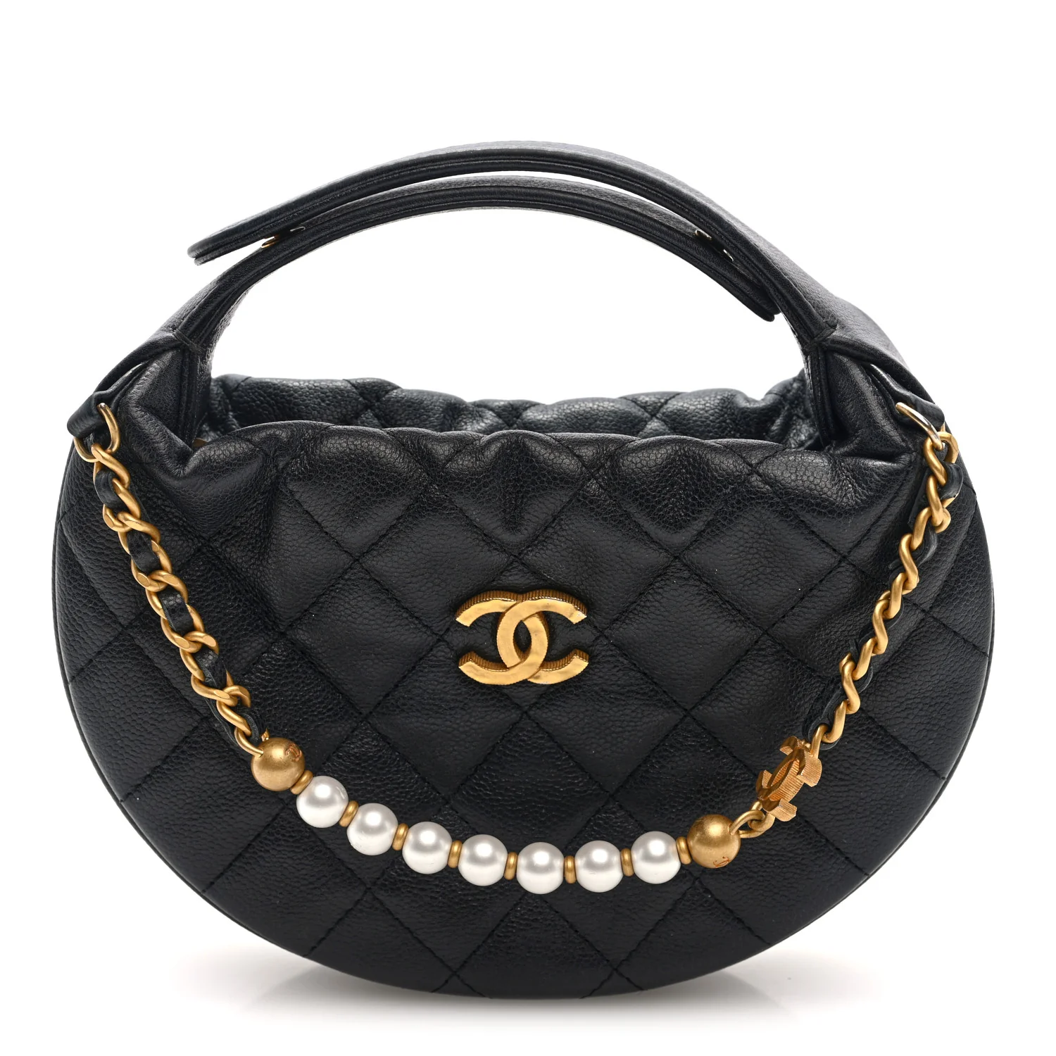 Grained Calfskin Quilted Pearl Pouch Hobo Black