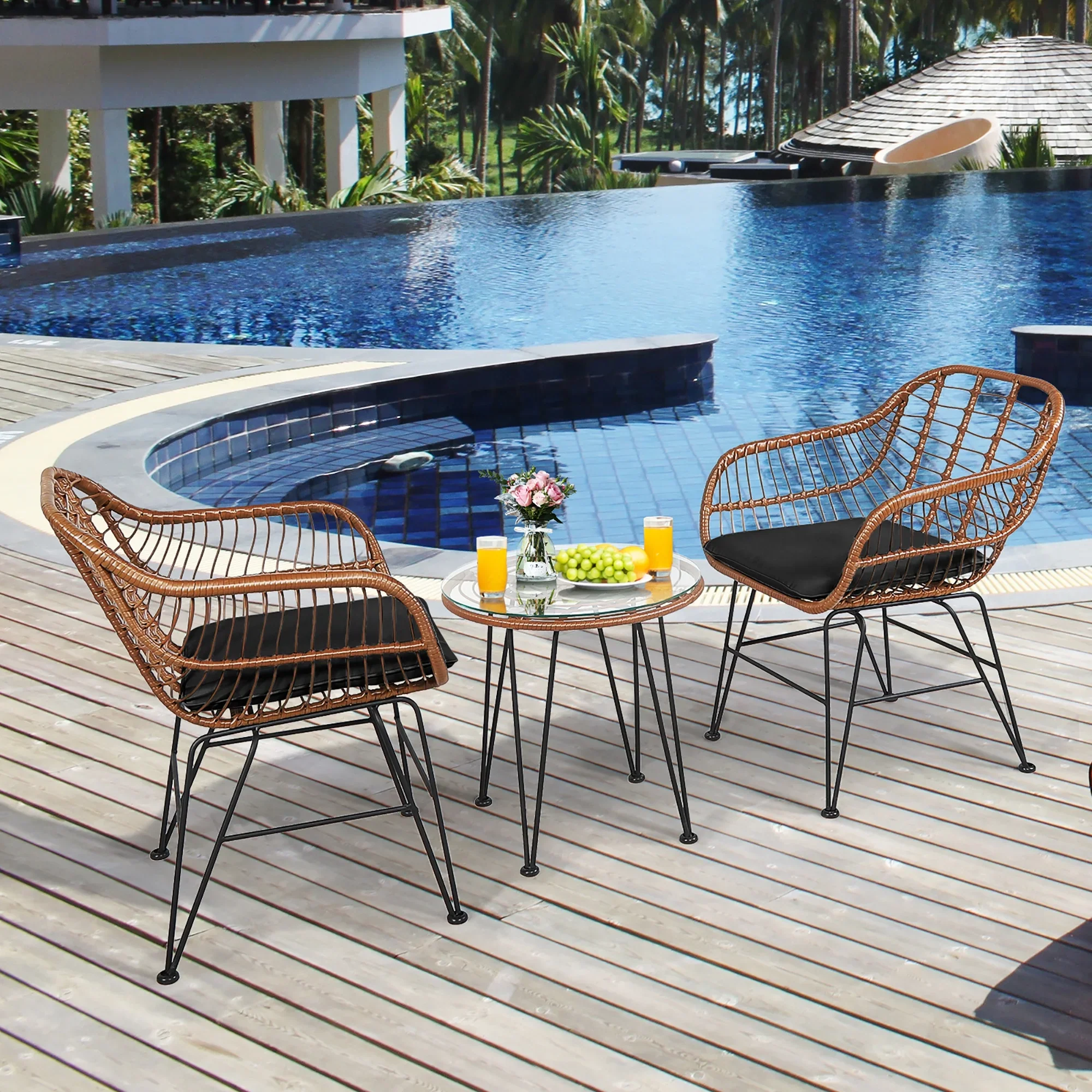 Costway 3PCS Patio Rattan Bistro Set Coffee Table Armchair Garden Red Cushion