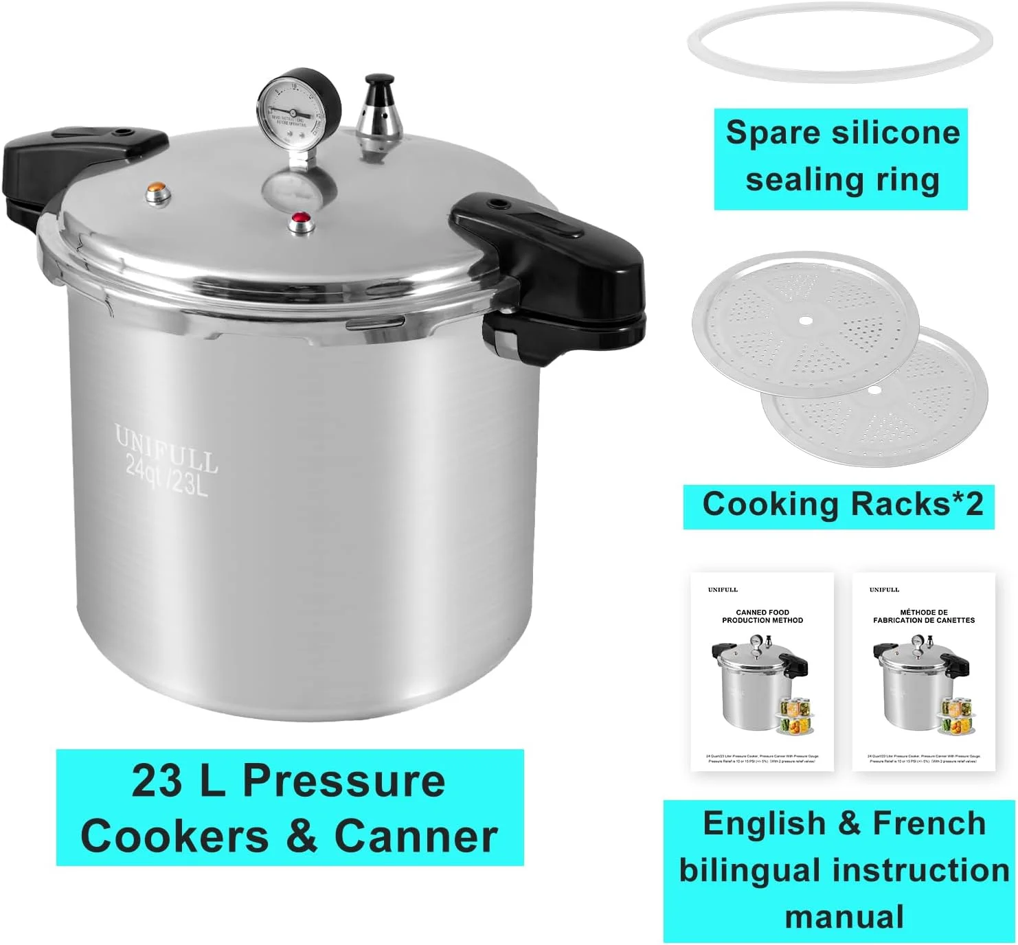 UNIFULL 24 Quart/23 Liter Pressure Cooker, Pressure Canner with Pressure Gauge, Pressure Relief Valve - 15 PSI, and Sealing Ring