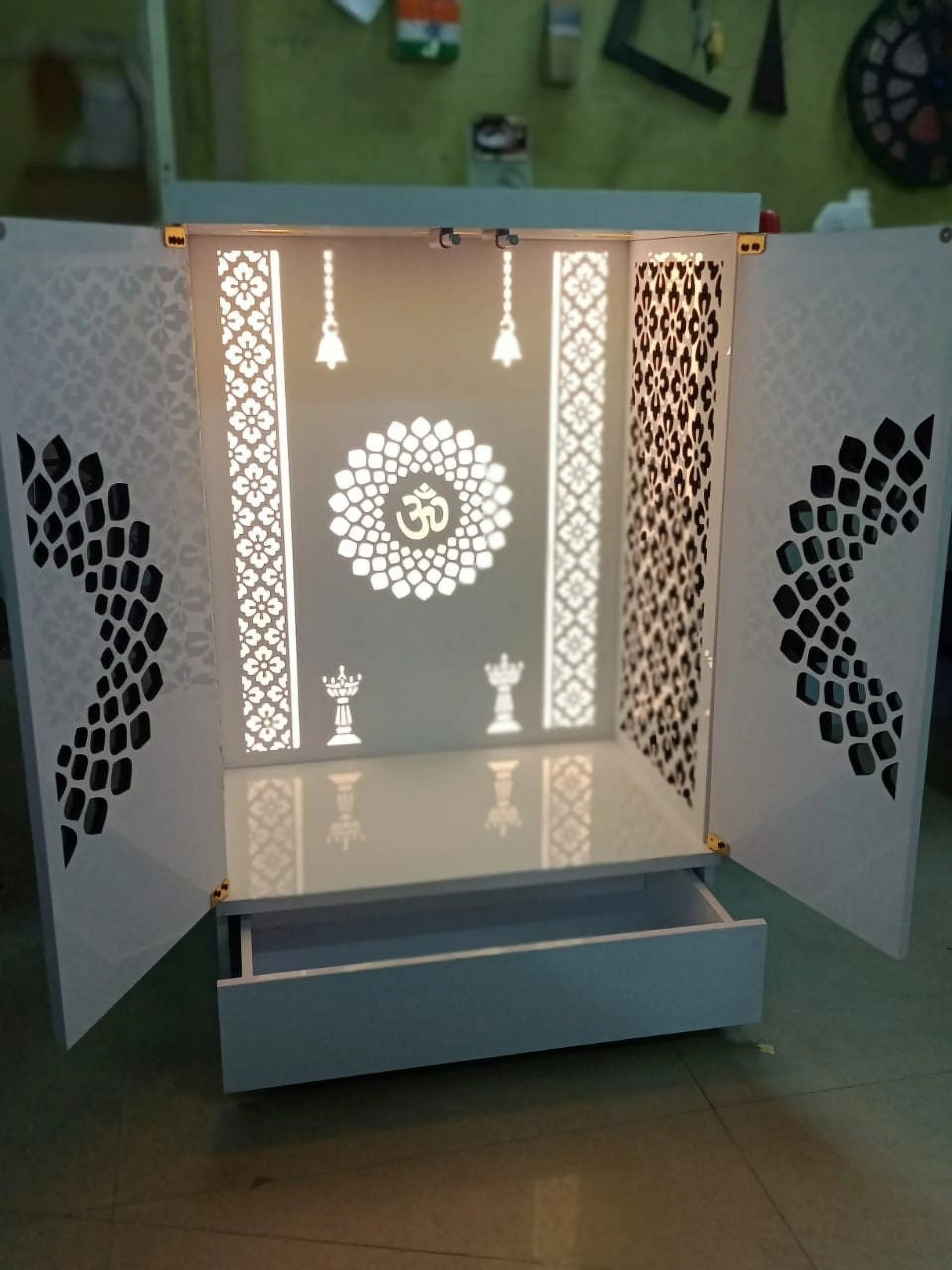 Customized Wooden Cabinet Desginer Mandir With LED / Mandir For Home Office / Temple For Home / Pooja Ghar / Mandir With Lights /Storage(16X10X8/White) - Image 8