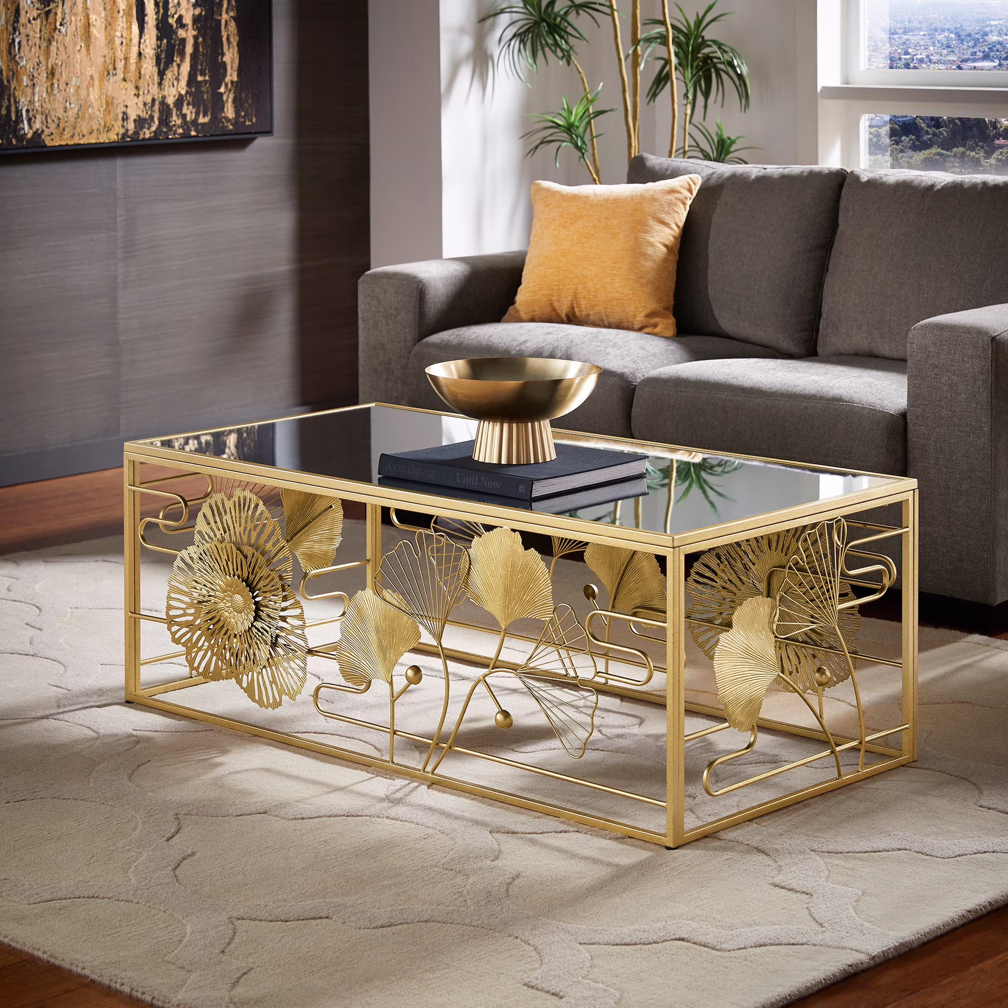 Ditmas Glam Peony and Ginkgo Rectangular Coffee Table with Mirror Top, Gold(Gold)
