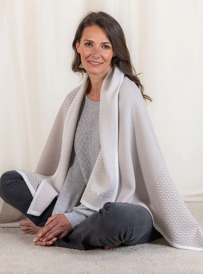 Plaid jacquard en laine mérinos beige