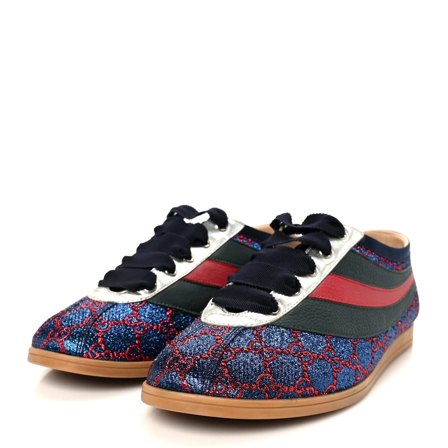 Lurex Calfskin Web GG Monogram Mens Falacer Sneakers 8.5 Iridescent Blue Iridescent Red Silver