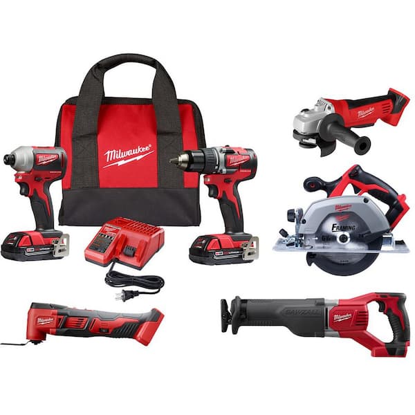 M18 18V Lithium - Ion Cordless Compact Drill/Impact/Multi - Tool/Circular Saw/Recip Saw Combo Kit (5 - Tool) W/ Grinder