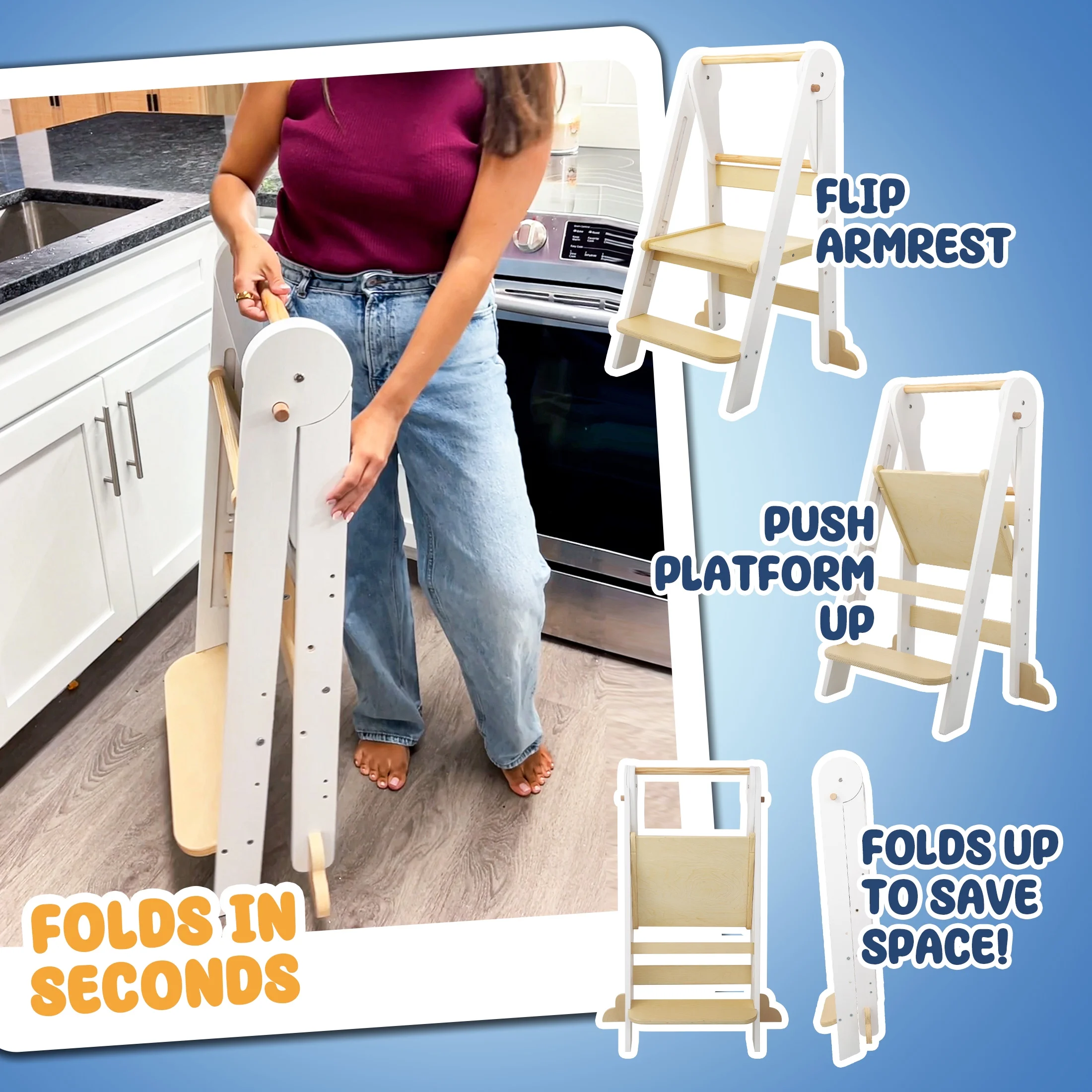 Foldable Toddler Kitchen Tower, Standing Tower for Kids Age 1.5-6 Years, White(White) - Image 10