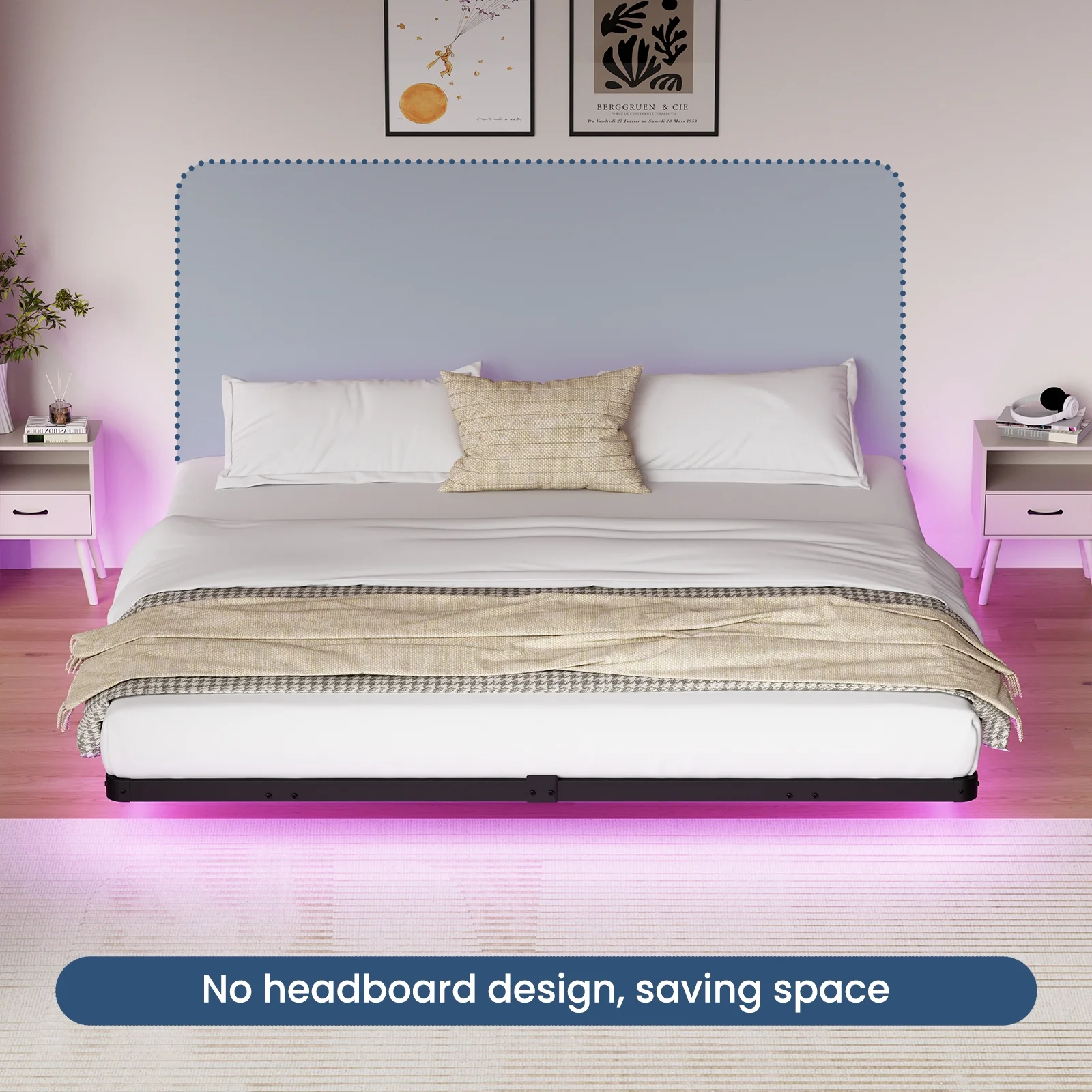 King Size Floating Bed Frame with LED Lights Bed Storage Metal Platform Bed Frames with Steel Slat Support Anti-Slip Easy Assembly, Black(King) - Image 4