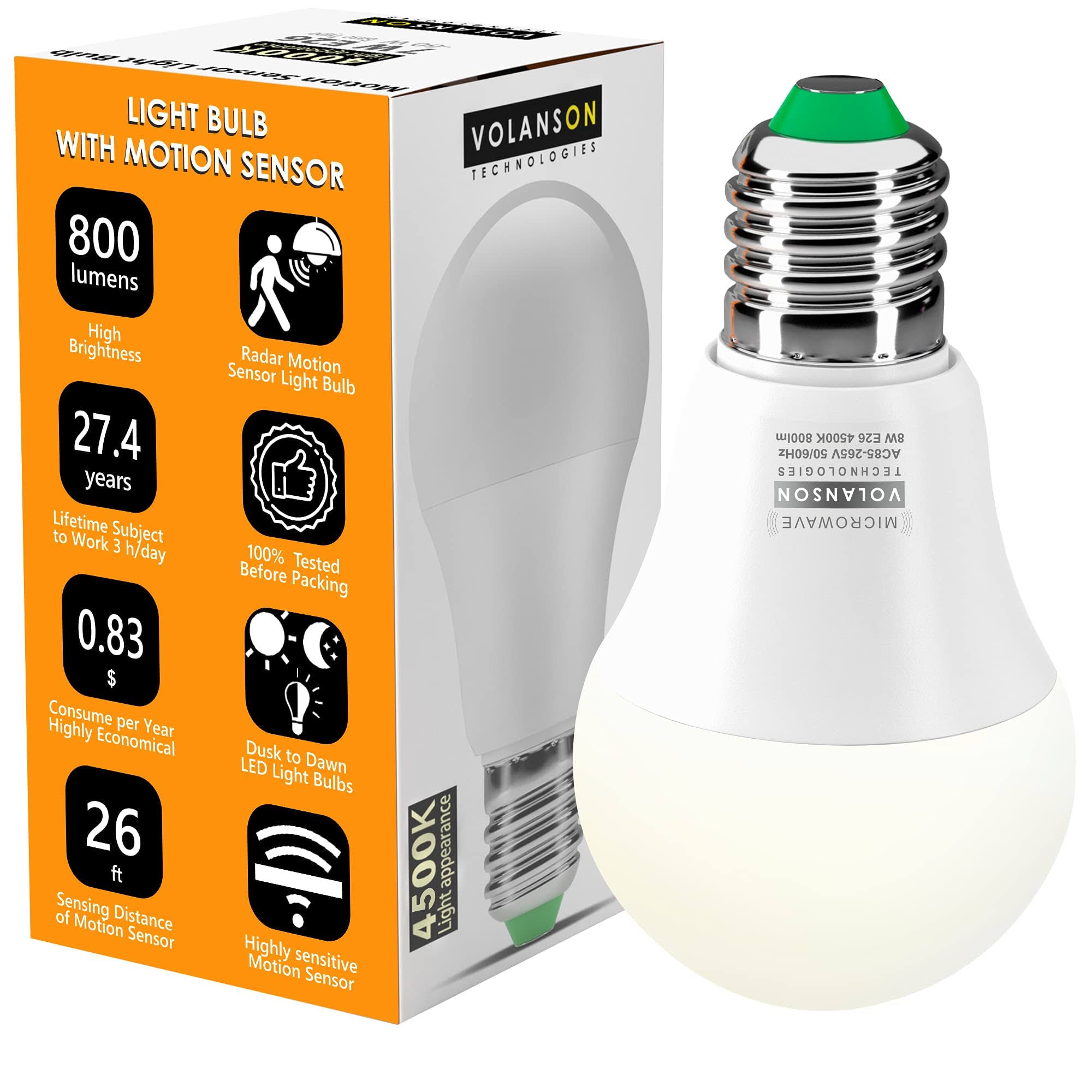 VOLANSON Motion Sensor Light Bulb Radar - 800lm Daylight Outdoor Indoor - Dusk to Dawn Motion Activated LED Bulbs - for Porch Garage Basement Stairwell - E26