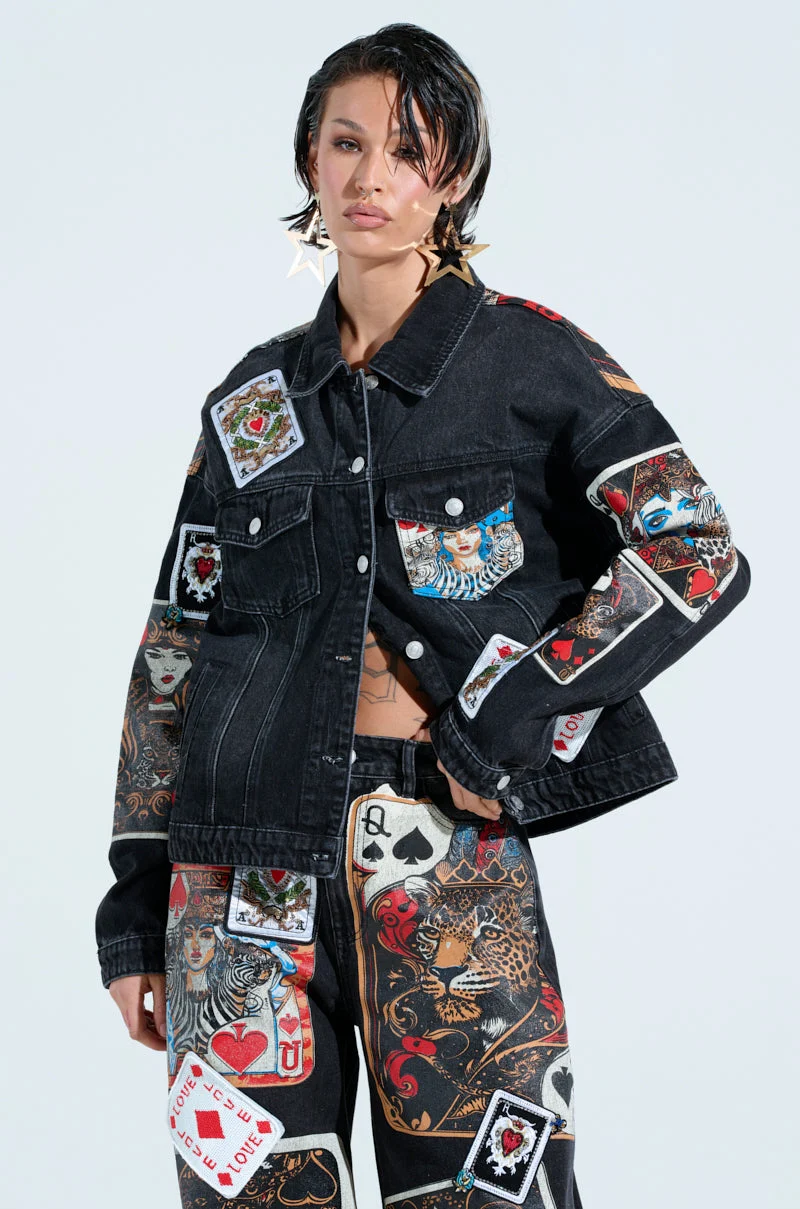 QUEEN OF HEARTS PRINTED AND EMBELLISHED DENIM JACKET - Akira Store