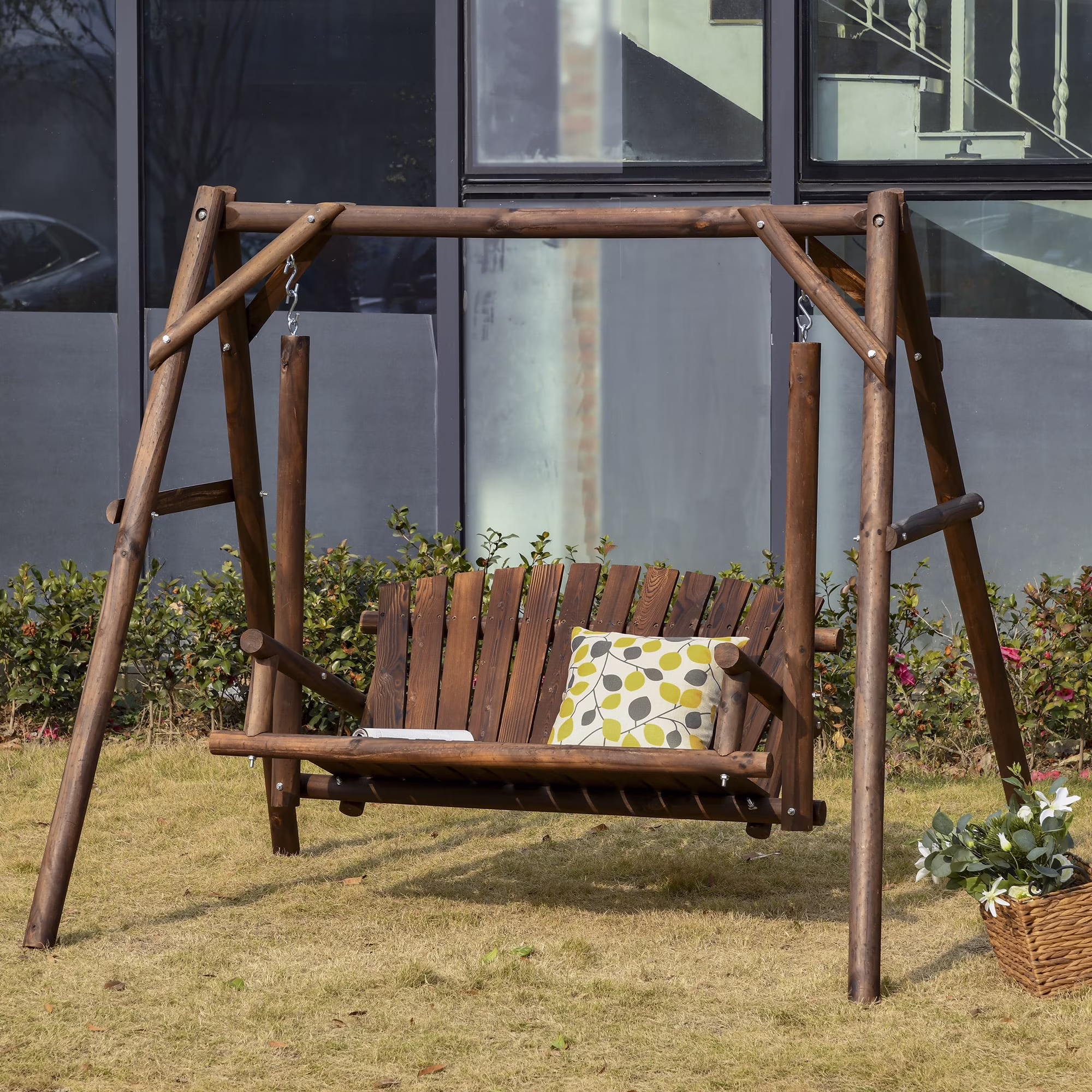 Wooden Swing Bench, Garden Swing Chair, Brown(Carbonized)