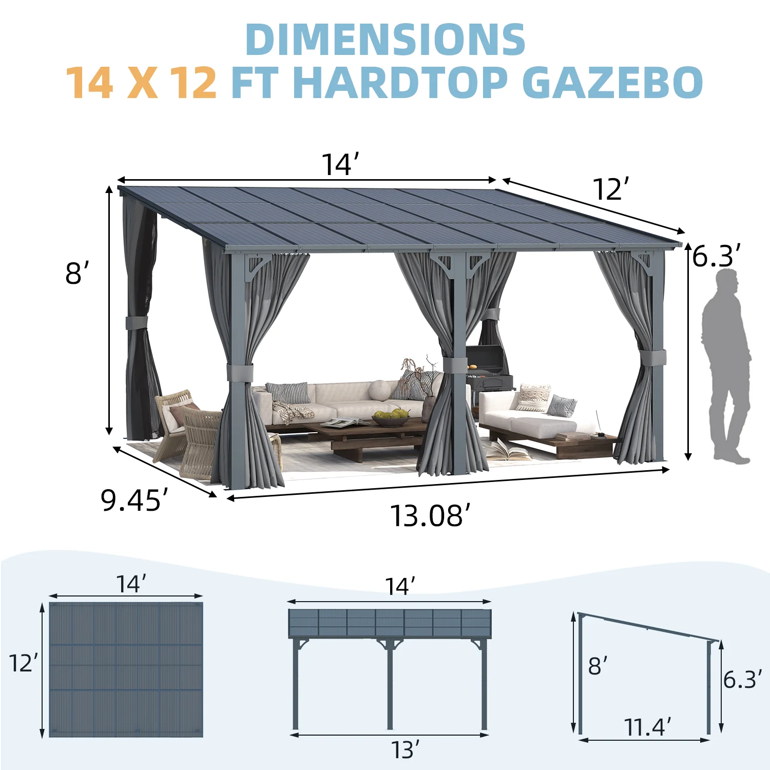 AECOJOY 14'x12' Wall Gazebo with Curtains and Mosquito Netting, Gray