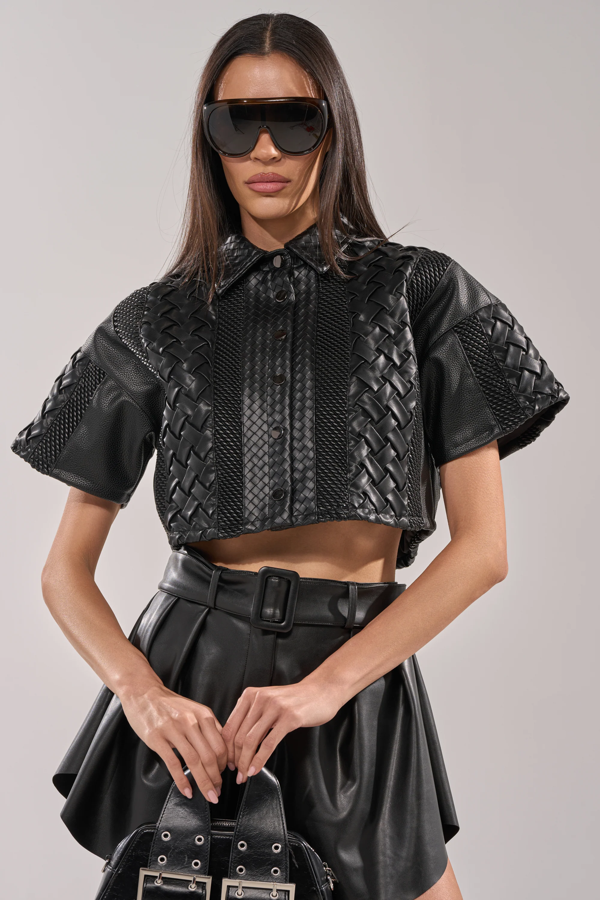 BIKER BRAIDED LEATHER CROPPED BUTTON DOWN - Akira Store