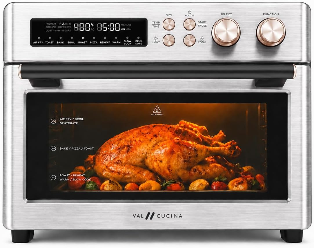 VAL CUCINA Infrared Heating 26.3 QT Air Fryer Toaster Oven, Large Countertop Convection Oven 10-in-1 Combo, 6-Slice Toast, Enamel Baking Pan Easy to Clean with Recipe Book, Brushed Stainless Steel Finish