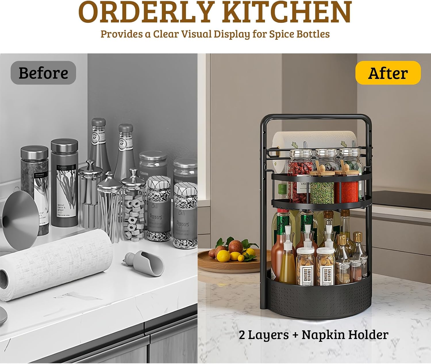 Rotating Spice Rack with Paper Towel Holder, Black