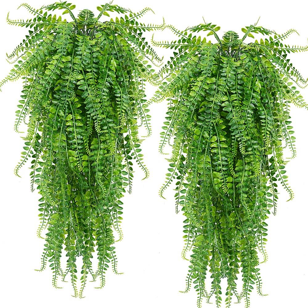 Clong 2 Pcs Artificial Hanging Ferns Plants Vine Fake Ivy Boston Fern Hanging Plant Outdoor UV Resistant Plastic Plants (Green)