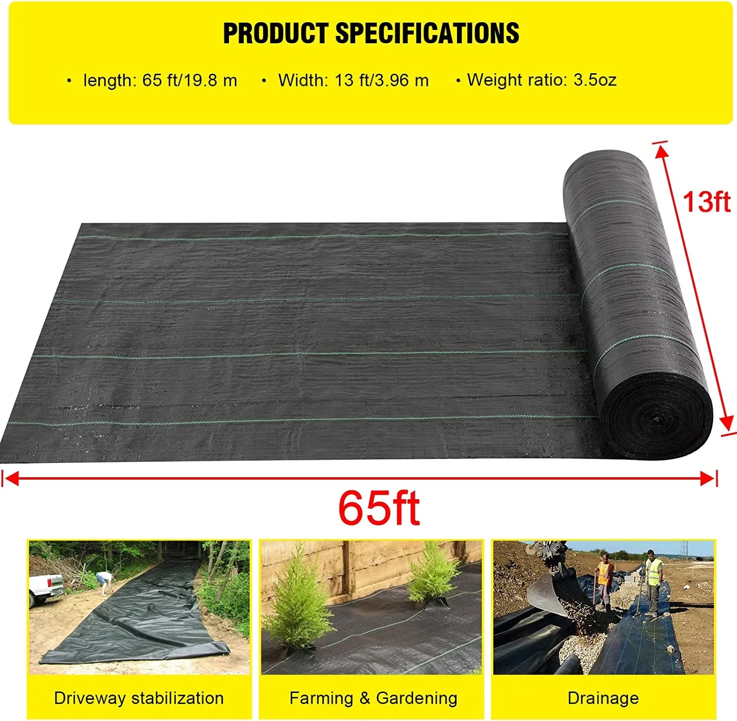 13x65ft Driveway Fabric,5OZ Commercial Heavy Duty Weed Barrier Fabric, Garden Landscape Fabric,French Drain Fabric for Erosion Control,Landscape Fabric,Weed Barrier,Construction Projects